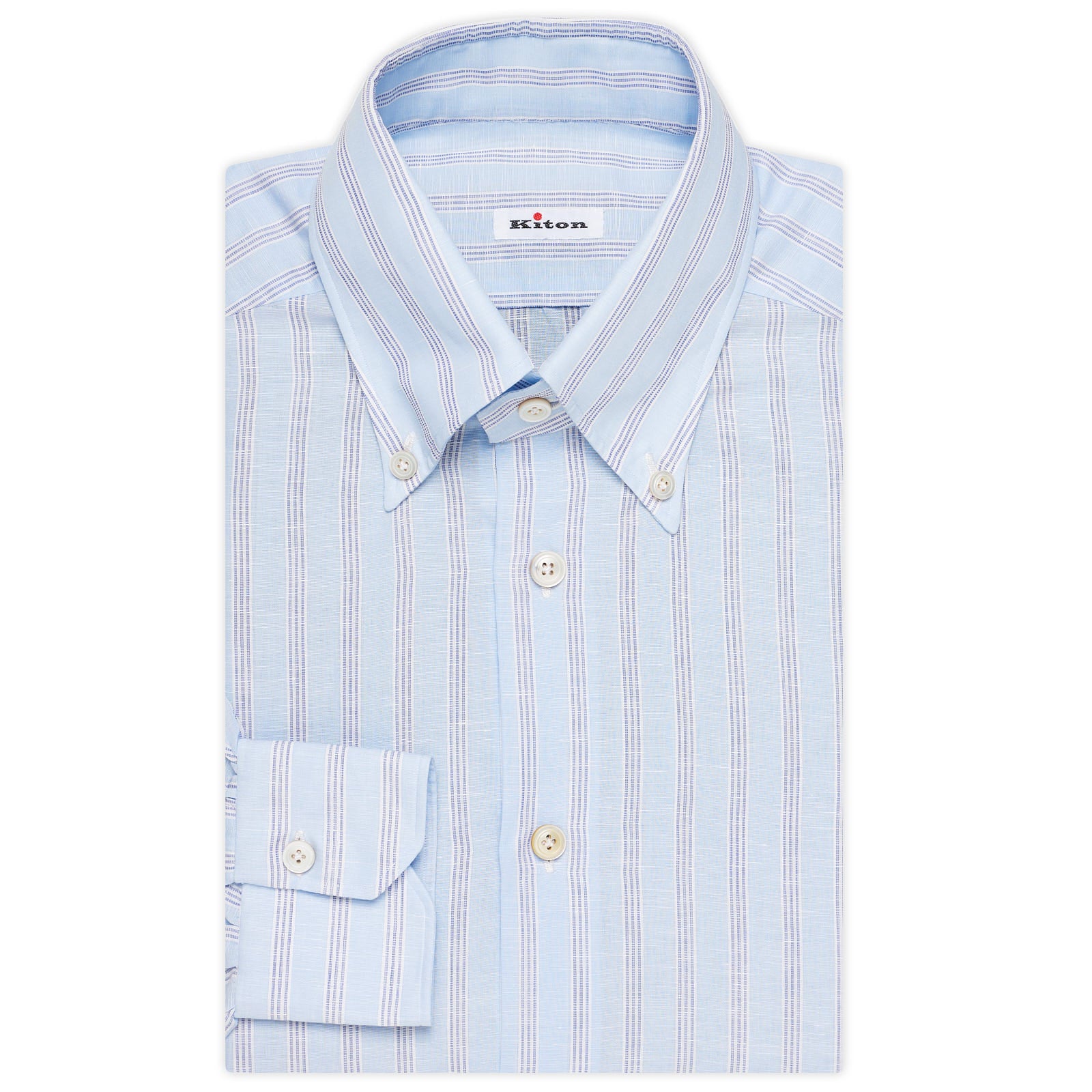 KITON Napoli Handmade Blue Linen-Cotton Button-Down Shirt EU 39 US 15.5 NEW
