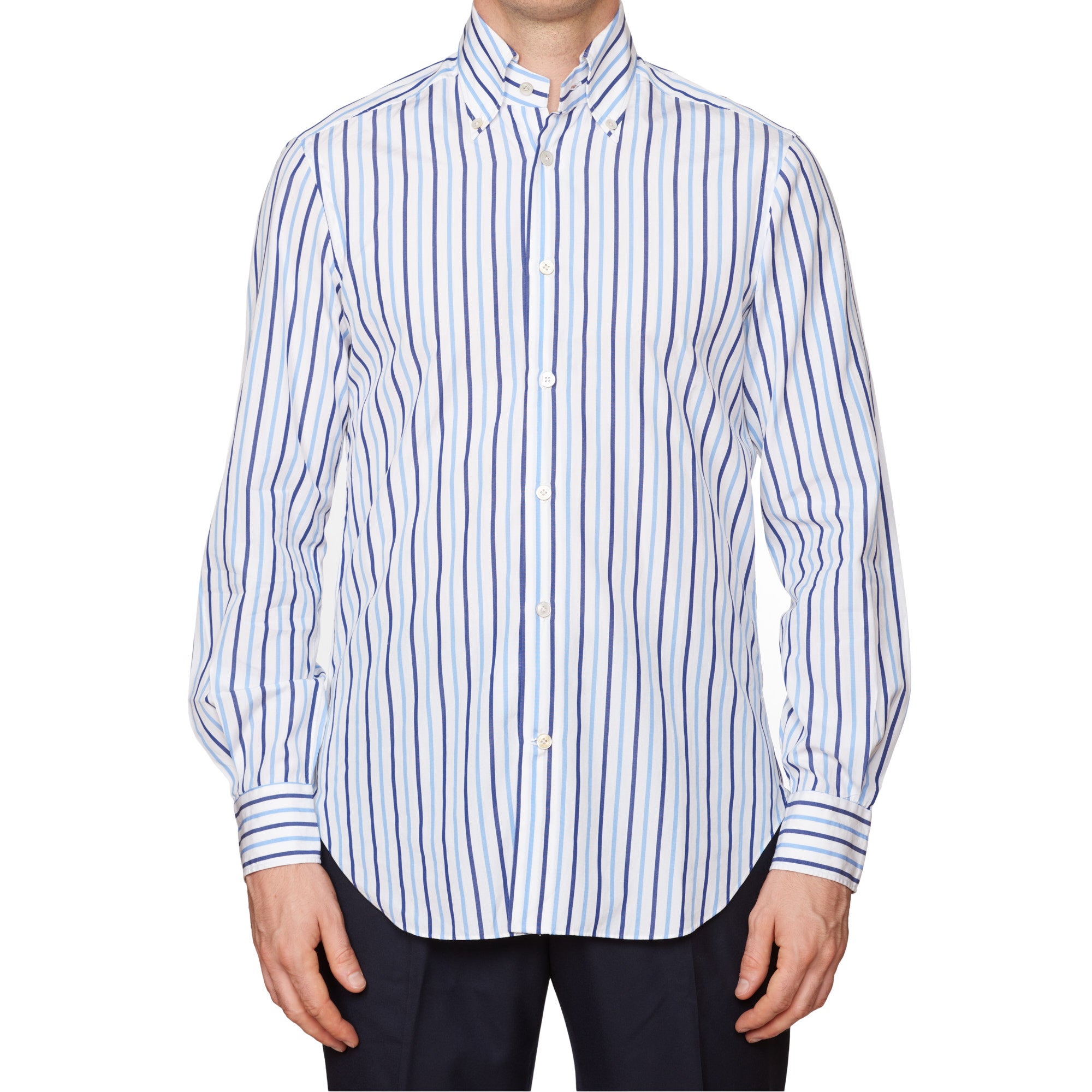 KITON Napoli Handmade Blue Striped Cotton Button-Down Dress Shirt EU 39 NEW US 15.5 KITON
