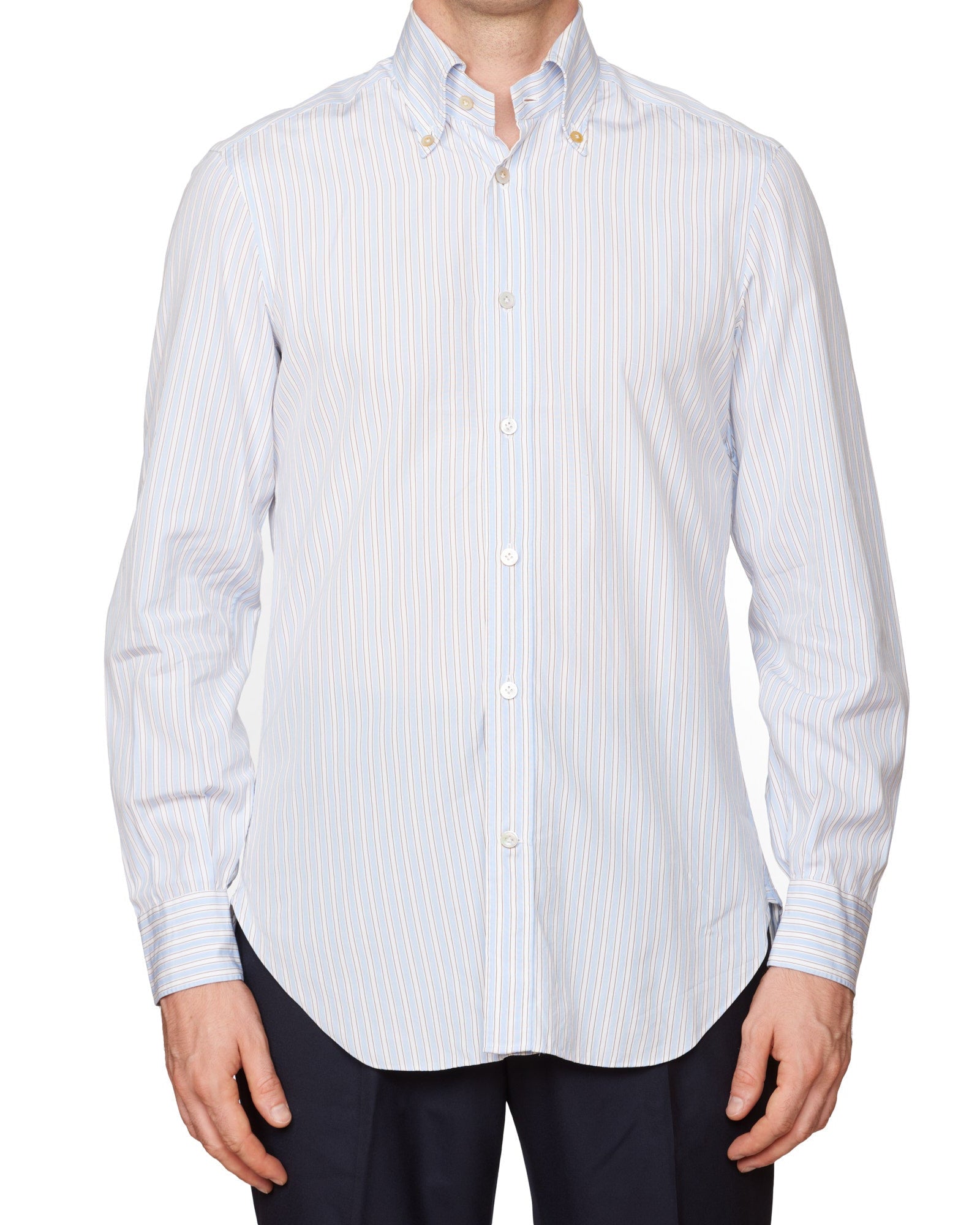 KITON Napoli Handmade Blue Striped Cotton Button-Down Dress Shirt EU 39 US 15.5 Slim KITON