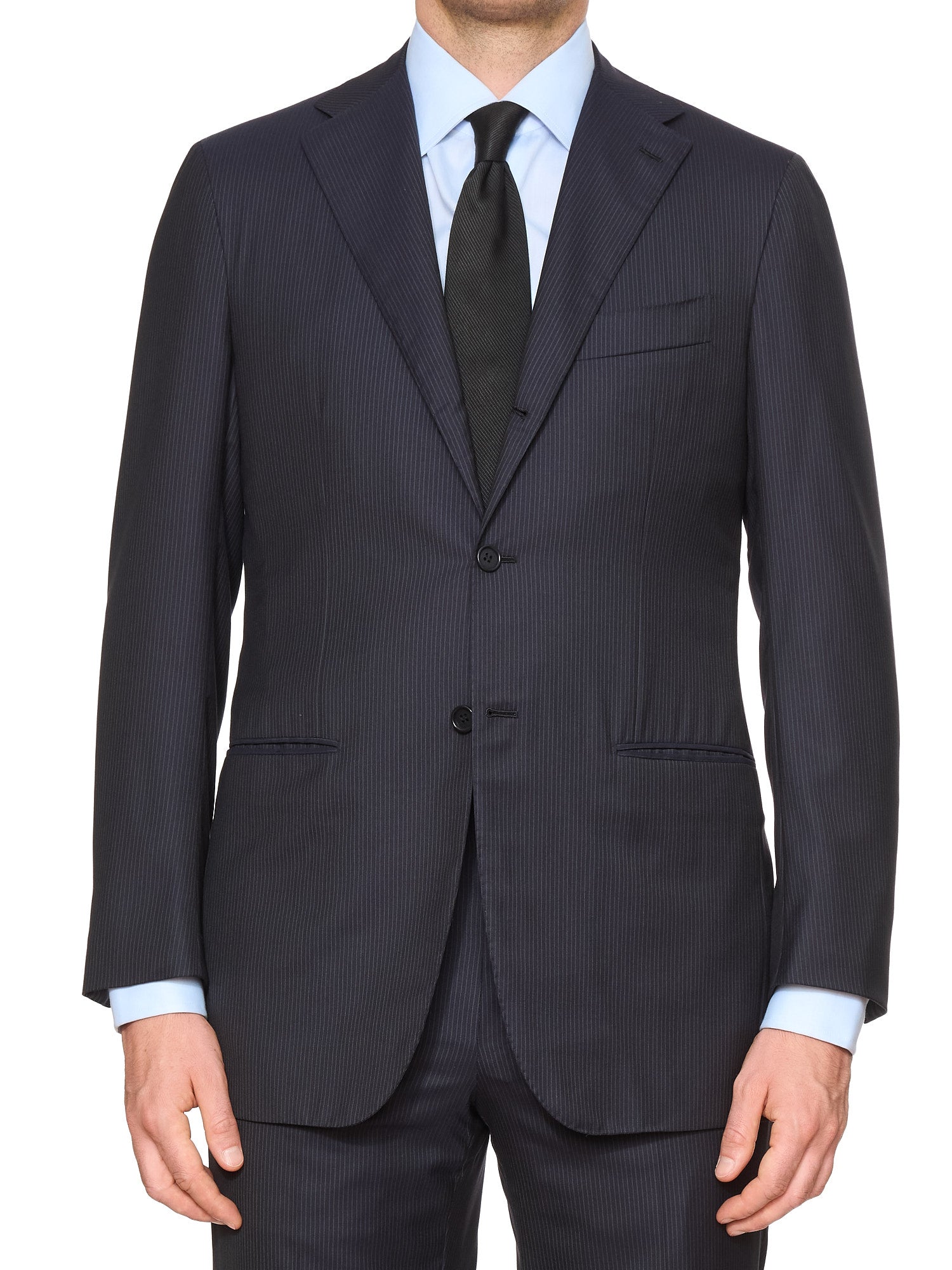 KITON Napoli Handmade Navy Blue Striped 14 Micron Super 180's Wool Suit