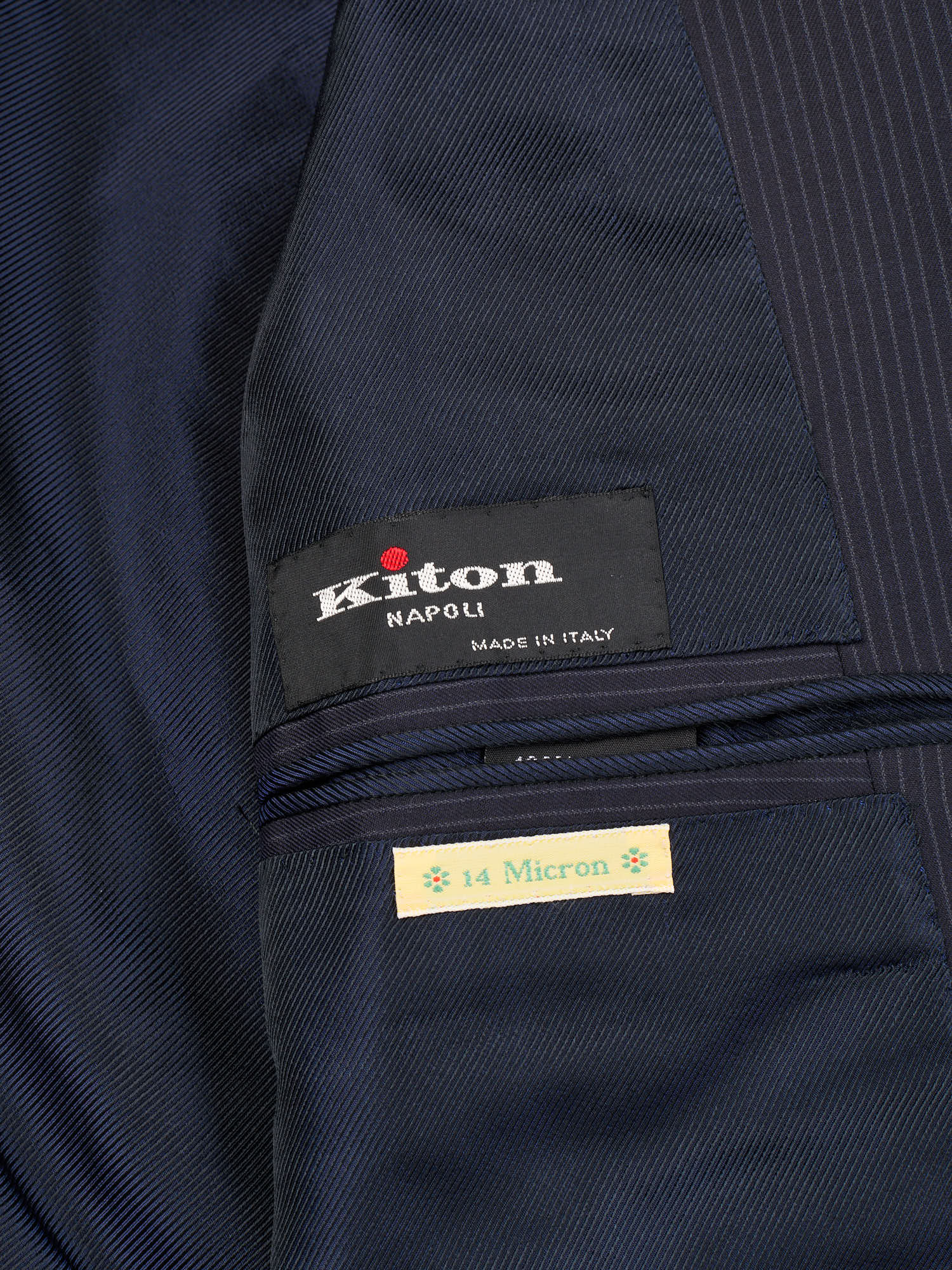 KITON Napoli Handmade Navy Blue Striped 14 Micron Super 180's Wool Suit