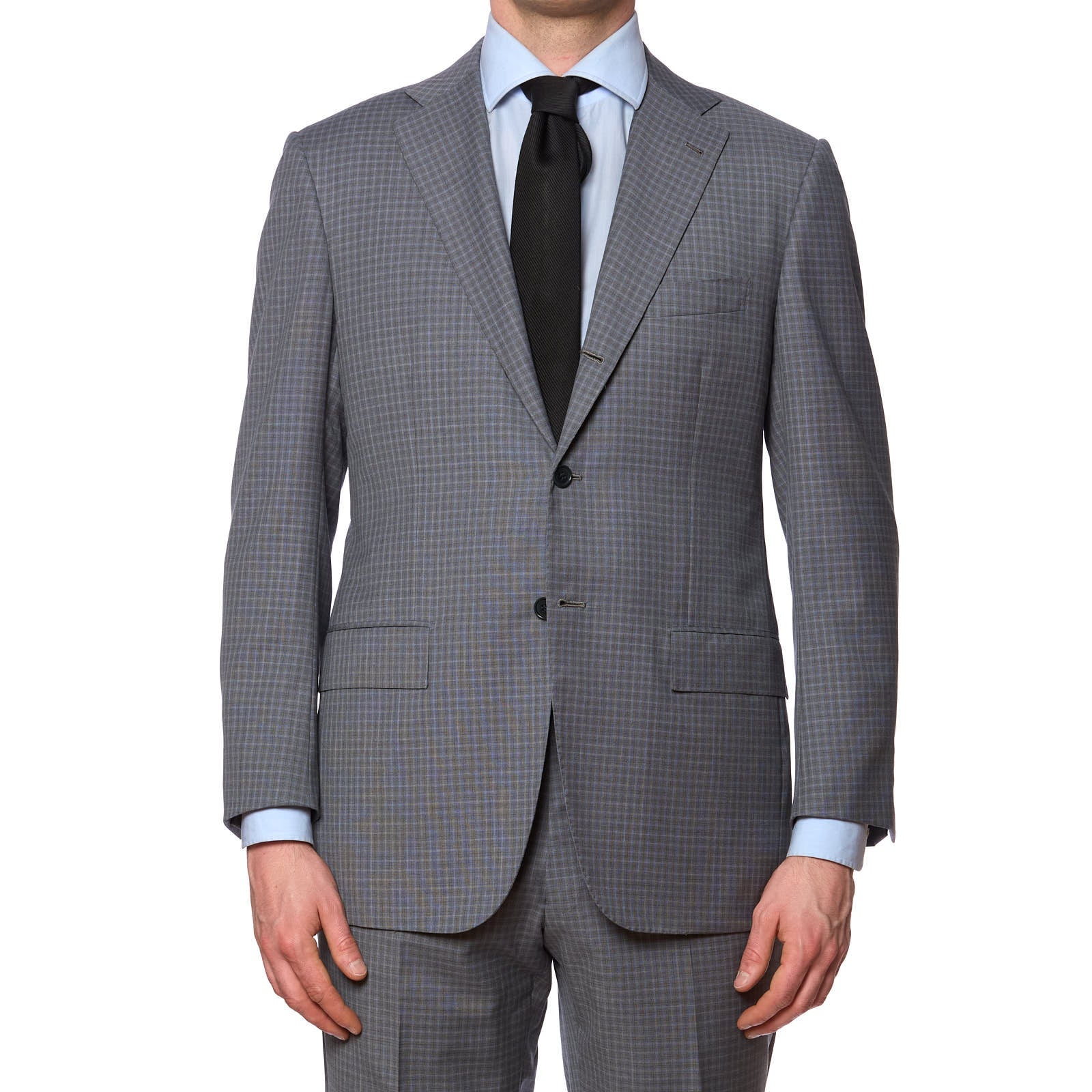 KITON Napoli for VANNUCCI Handmade Blue-Gray Plaid  Suit EU 50 NEW US 40