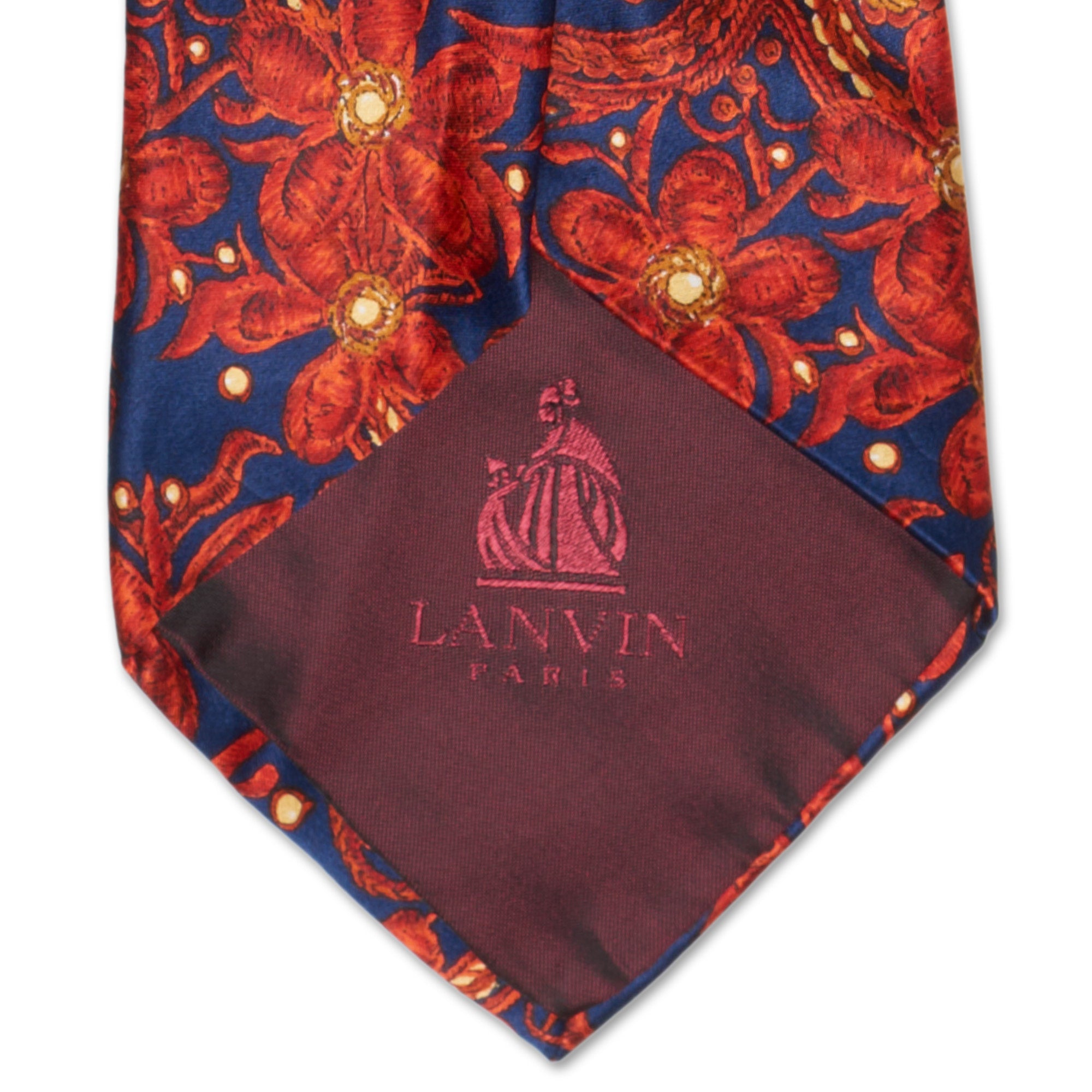 LANVIN Paris Handmade Red Floral Design Silk Tie