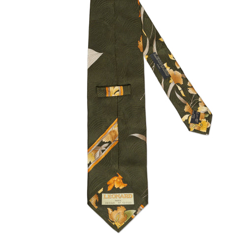 Vintage LEONARD Paris Handmade Green Floral Design Silk Tie