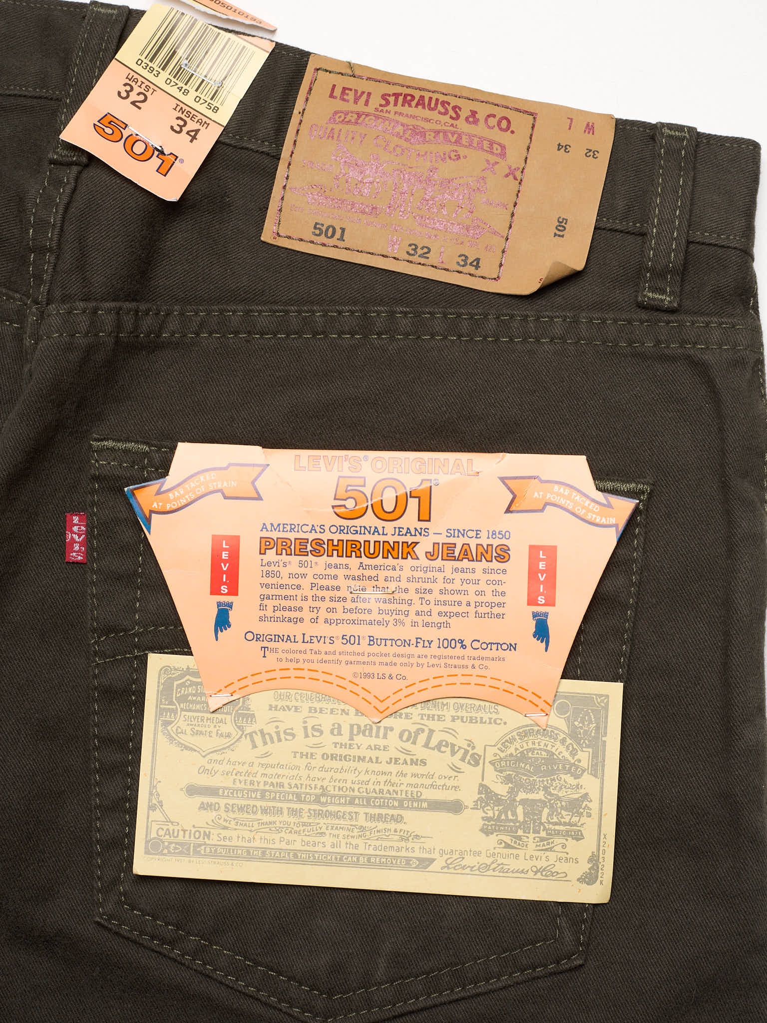 Rare Vintage LEVI'S 501 Olive Green Cotton Jeans Made in USA Deadstock 1990's