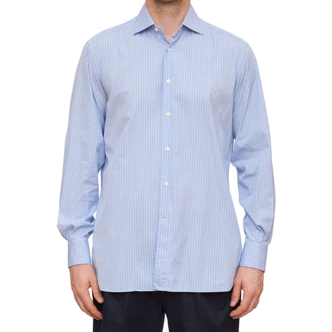 LORO PIANA Bespoke Blue Checked Cotton Dress Shirt US 16 Slim Fit
