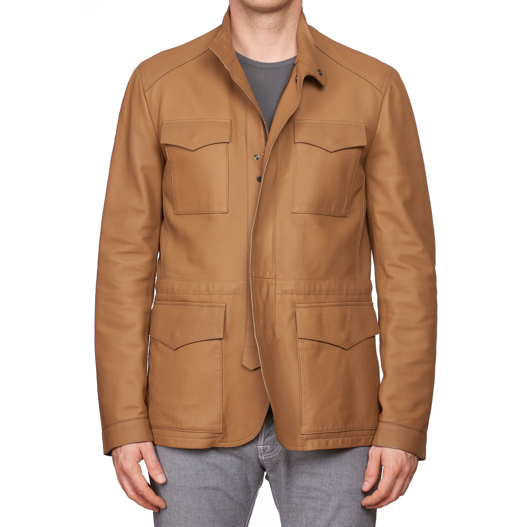 LORO PIANA Tan Lambskin Leather Cashmere-Silk Lined Field Jacket Size M