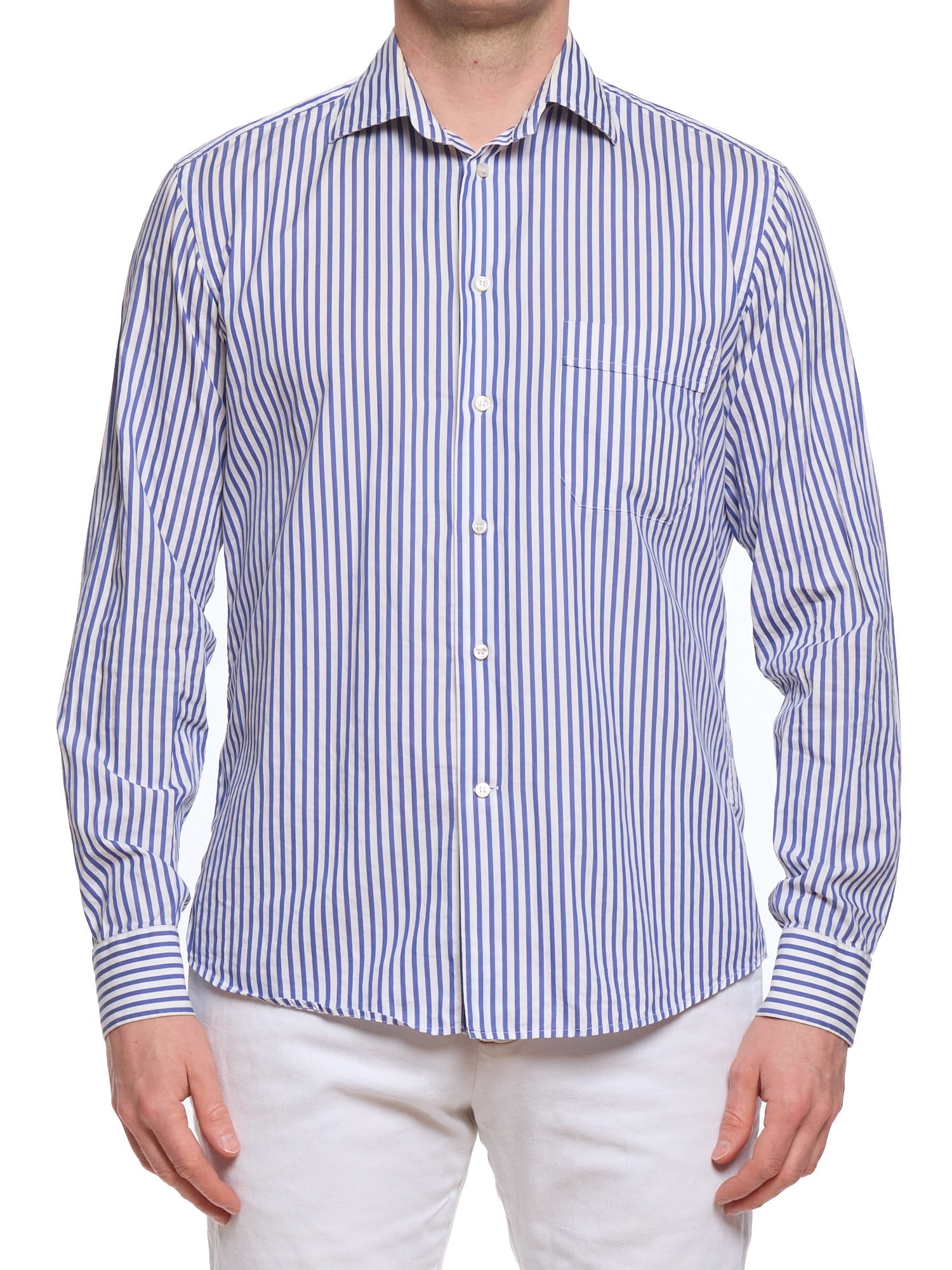 LORO PIANA White-Blue Striped 1 Pocket Classic Shirt