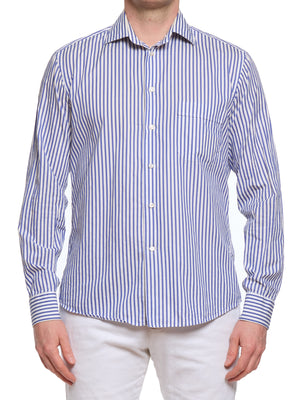 LORO PIANA White-Blue Striped 1 Pocket Classic Shirt