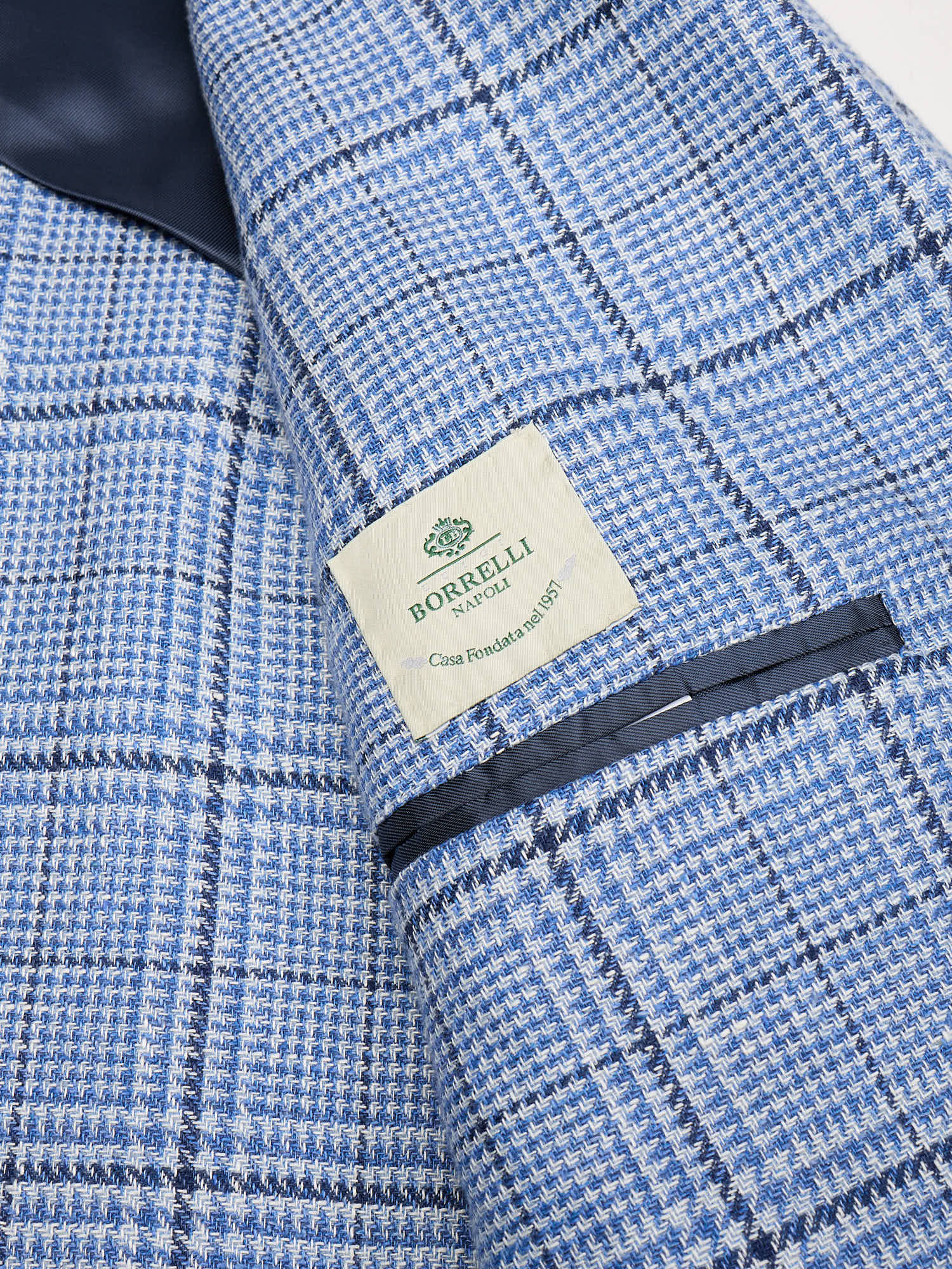 LUIGI BORELLI Napoli Handmade Blue Shepherd's Check Wool-Silk-Linen Jacket