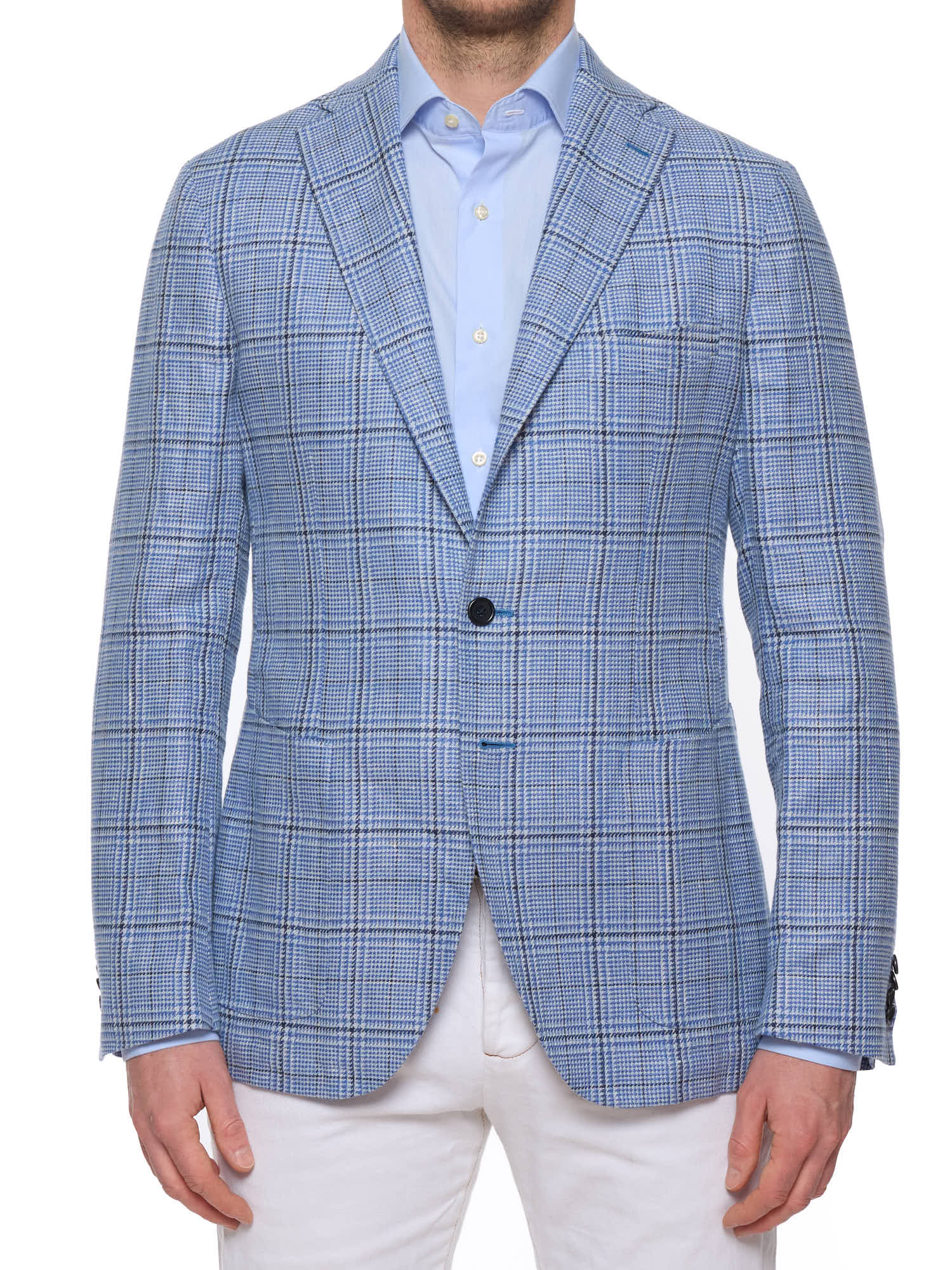 LUIGI BORELLI Napoli Handmade Blue Shepherd's Check Wool-Silk-Linen Jacket