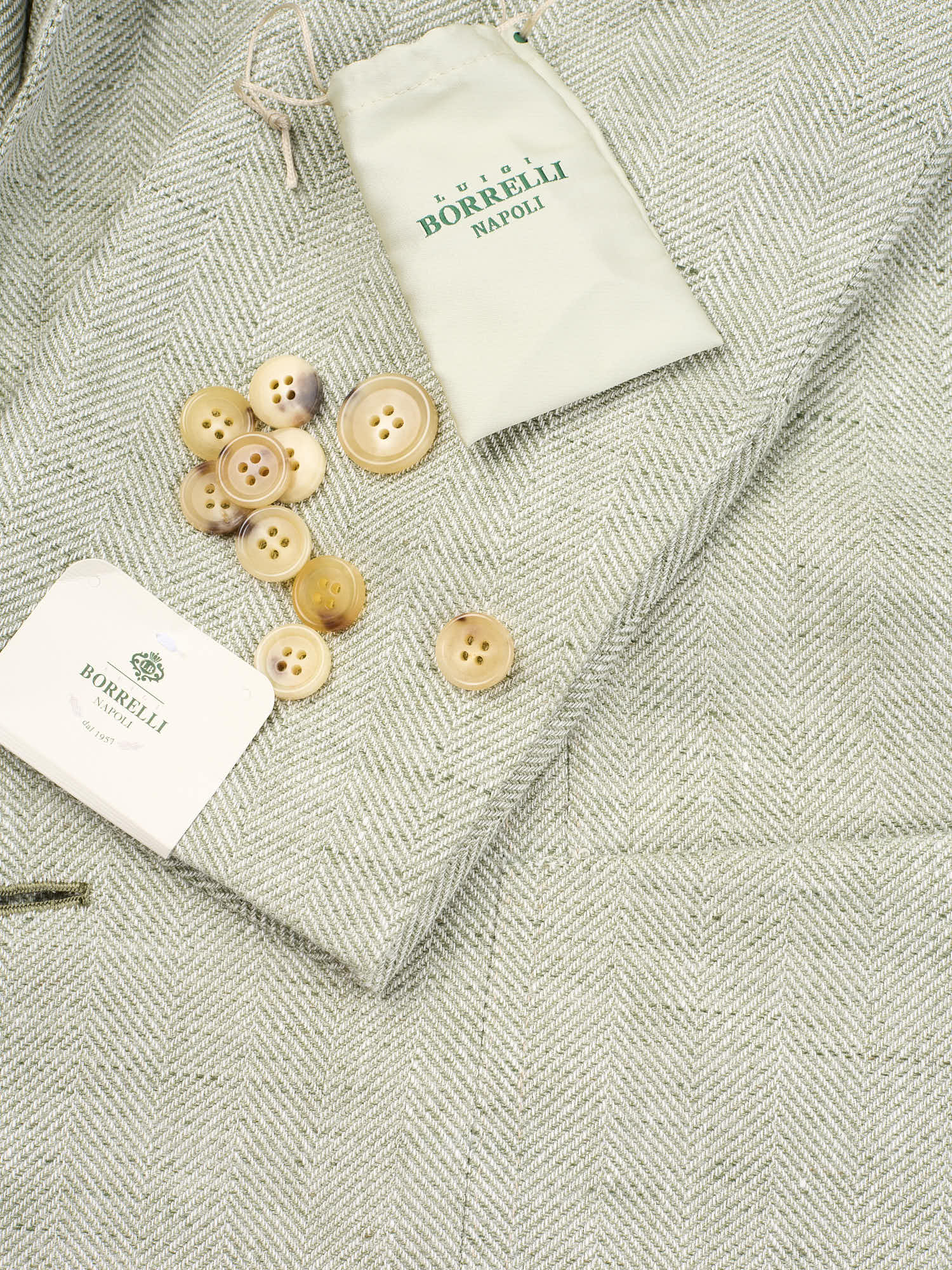 LUIGI BORELLI Handmade "Salina" Green Herringbone Wool-Cotton Jacket