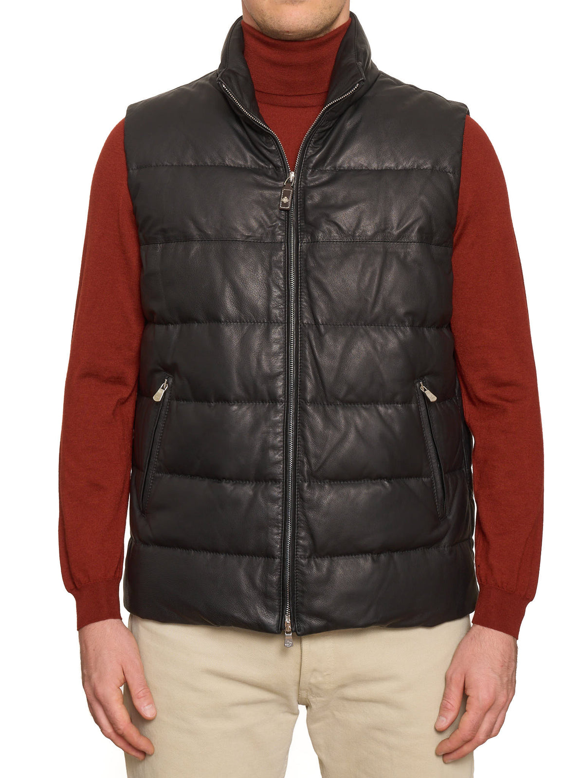 LUIGI BORRELLI Brown Leather Goose Down Vest XL