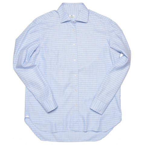 LUIGI BORRELLI Napoli Blue Herringbone Checked Cotton Dress Shirt EU 41 US 16
