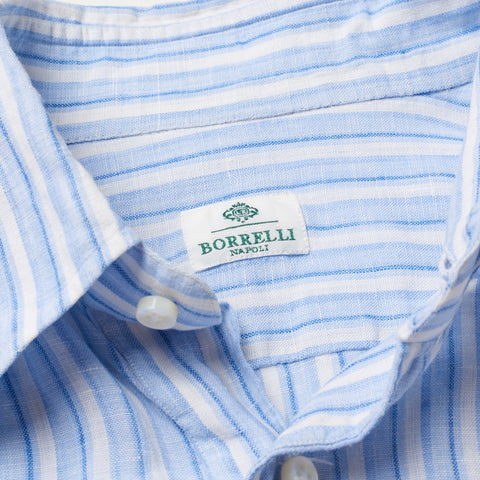 LUIGI BORRELLI Napoli Blue Striped Linen Pop over Shirt EU 39 US 15.5