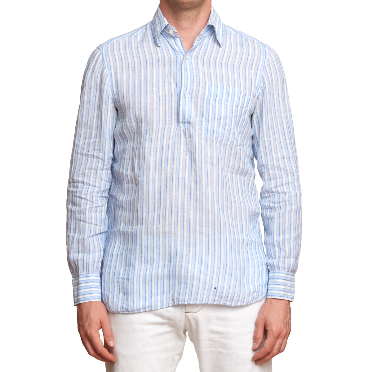 LUIGI BORRELLI Napoli Blue Striped Linen Pop over Shirt EU 39 US 15.5