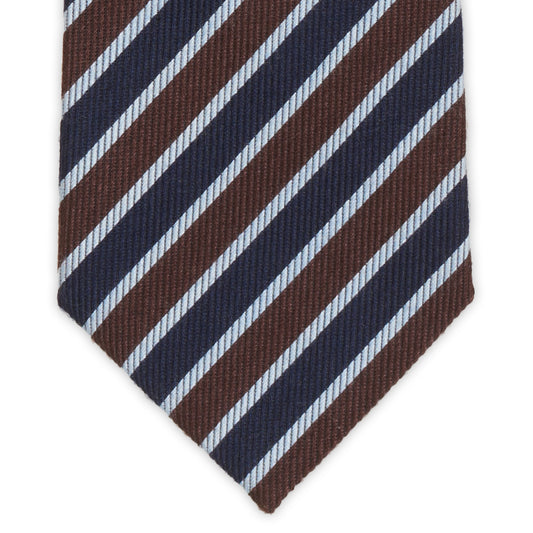 LUIGI BORRELLI Napoli Handmade Blue-Brown Striped Design Cashmere-Silk Tie NEW