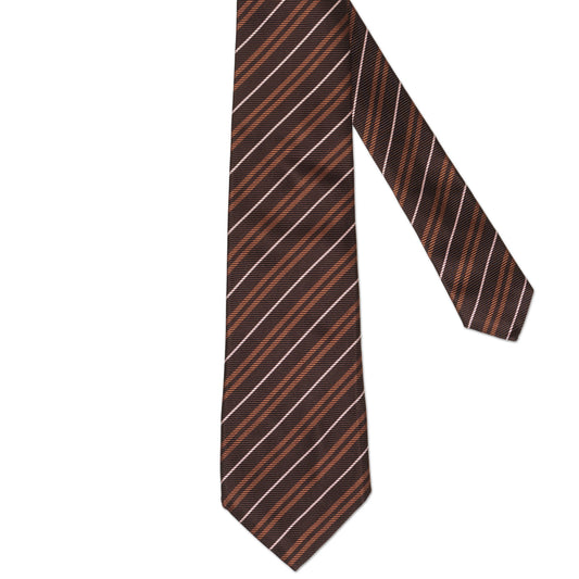 LUIGI BORRELLI Napoli Handmade Brown Striped Design Silk Seven Fold Tie