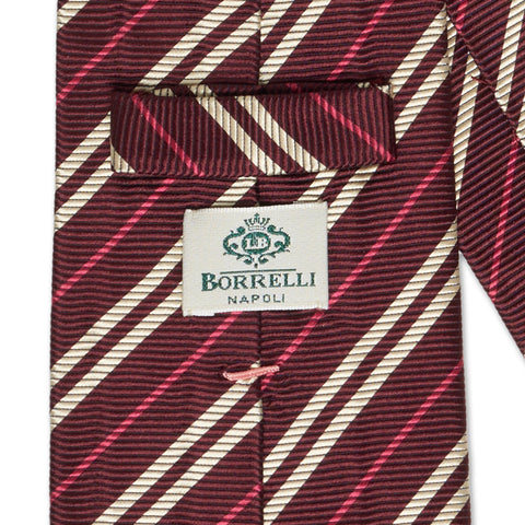 LUIGI BORRELLI Napoli Handmade Burgundy Striped Design Silk Seven Fold Tie