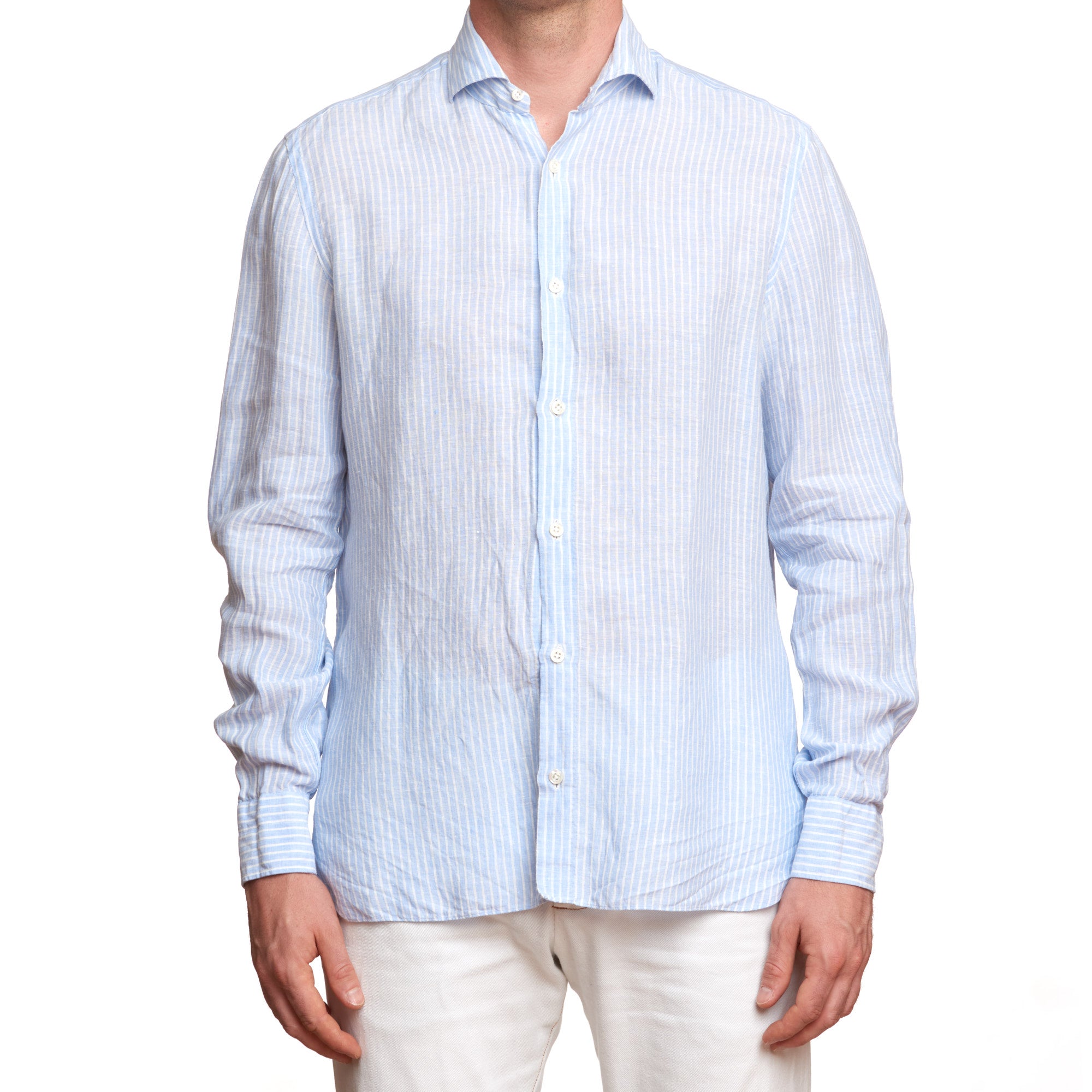 LUIGI BORRELLI Napoli Light Blue Striped Cotton-Linen Casual Shirt EU 41 US 16 LUIGI BORRELLI