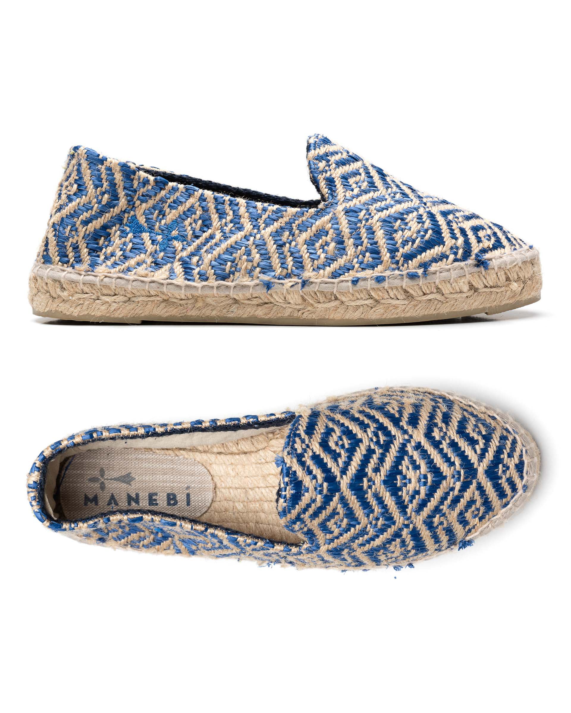 MANEBI "Hamptons" Espadrilles Beige-Blue Canvas Women's Loafer Shoes 37 NEW US 7