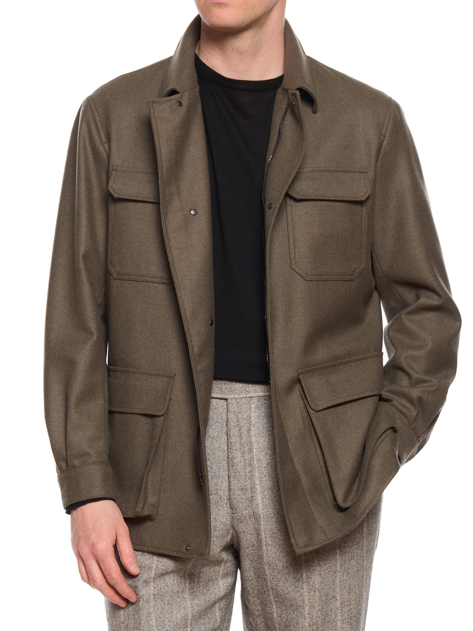 MILAN KELECENI Olive Pure Wool Flannel Utility Field Jacket