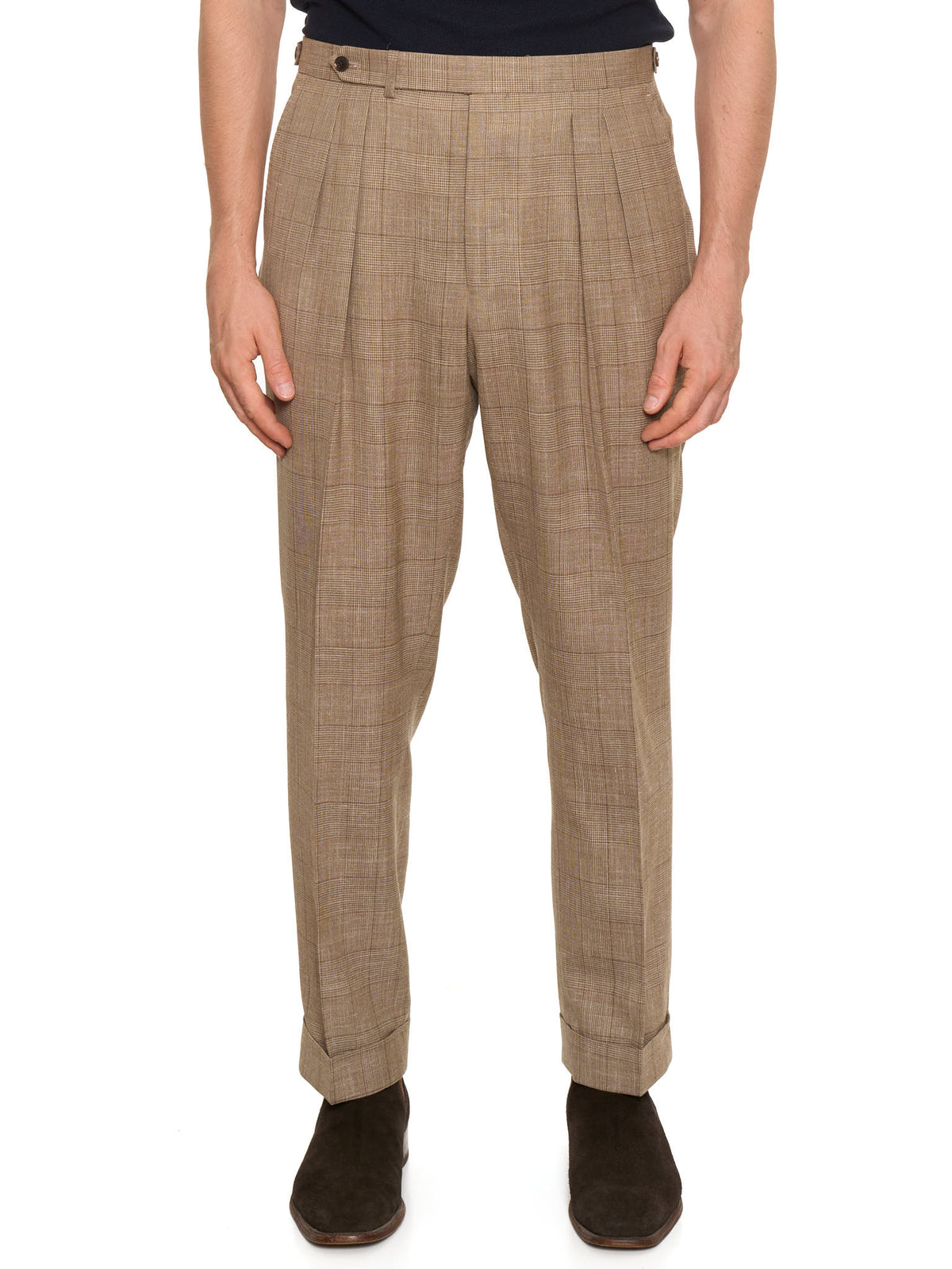 MILAN KELECENI Beige Prince of Wales Loro Piana Wool-Silk-Linen DB Suit