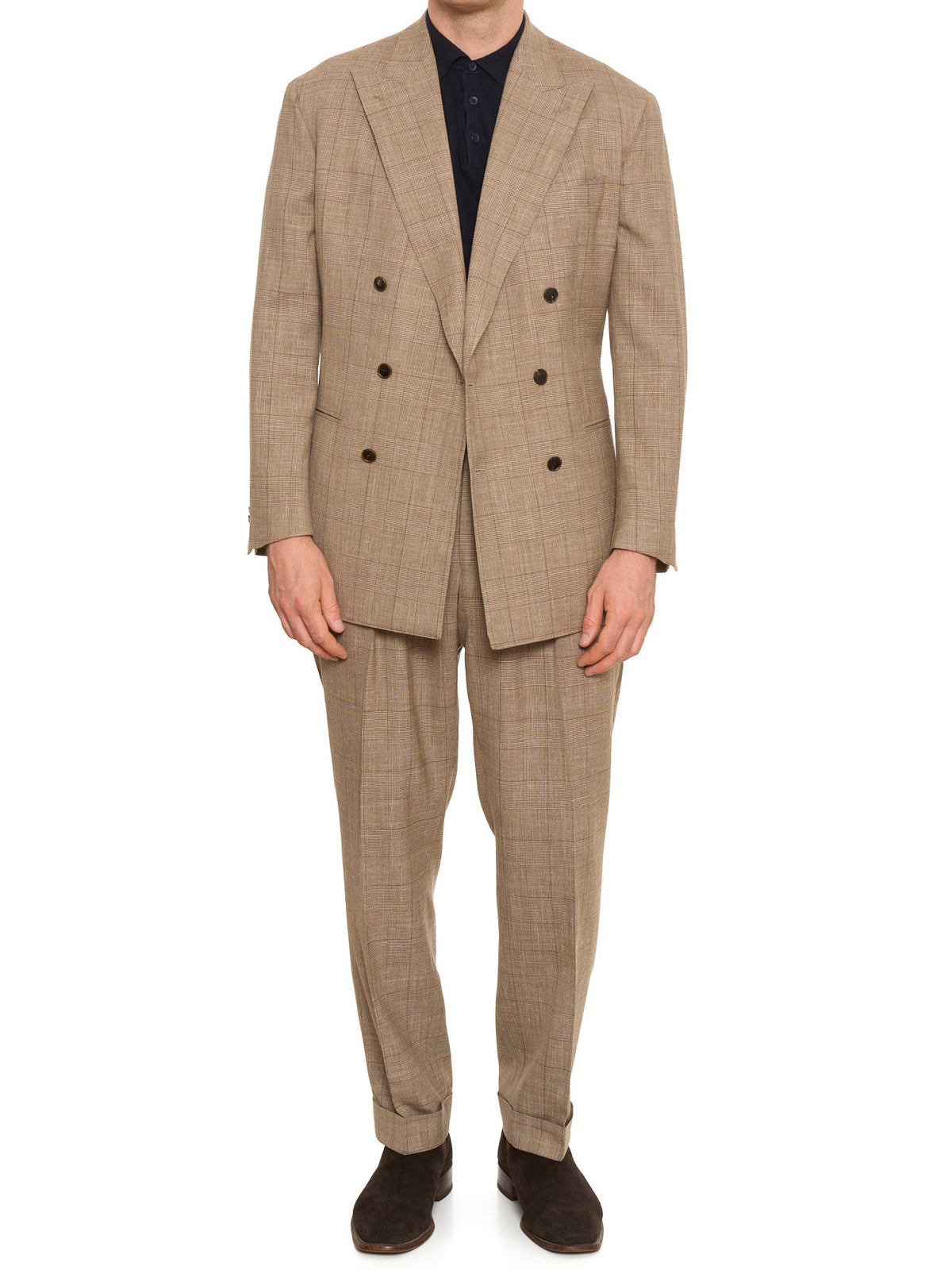 MILAN KELECENI Beige Prince of Wales Loro Piana Wool-Silk-Linen DB Suit
