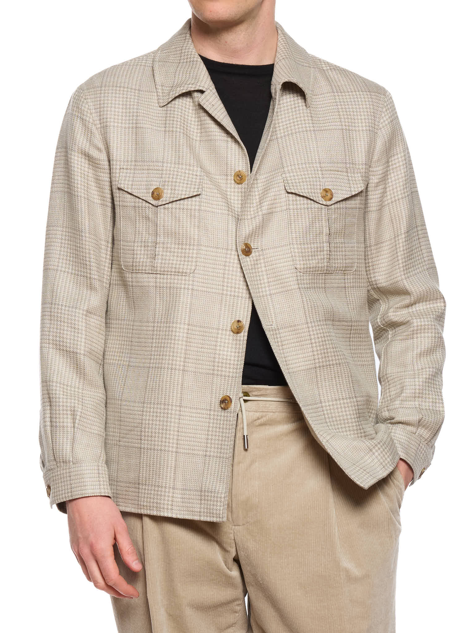 MILAN KELECENI Gray Glen Plaid Loro Piana Fabric Wool-Silk-Linen Overshirt Jacket
