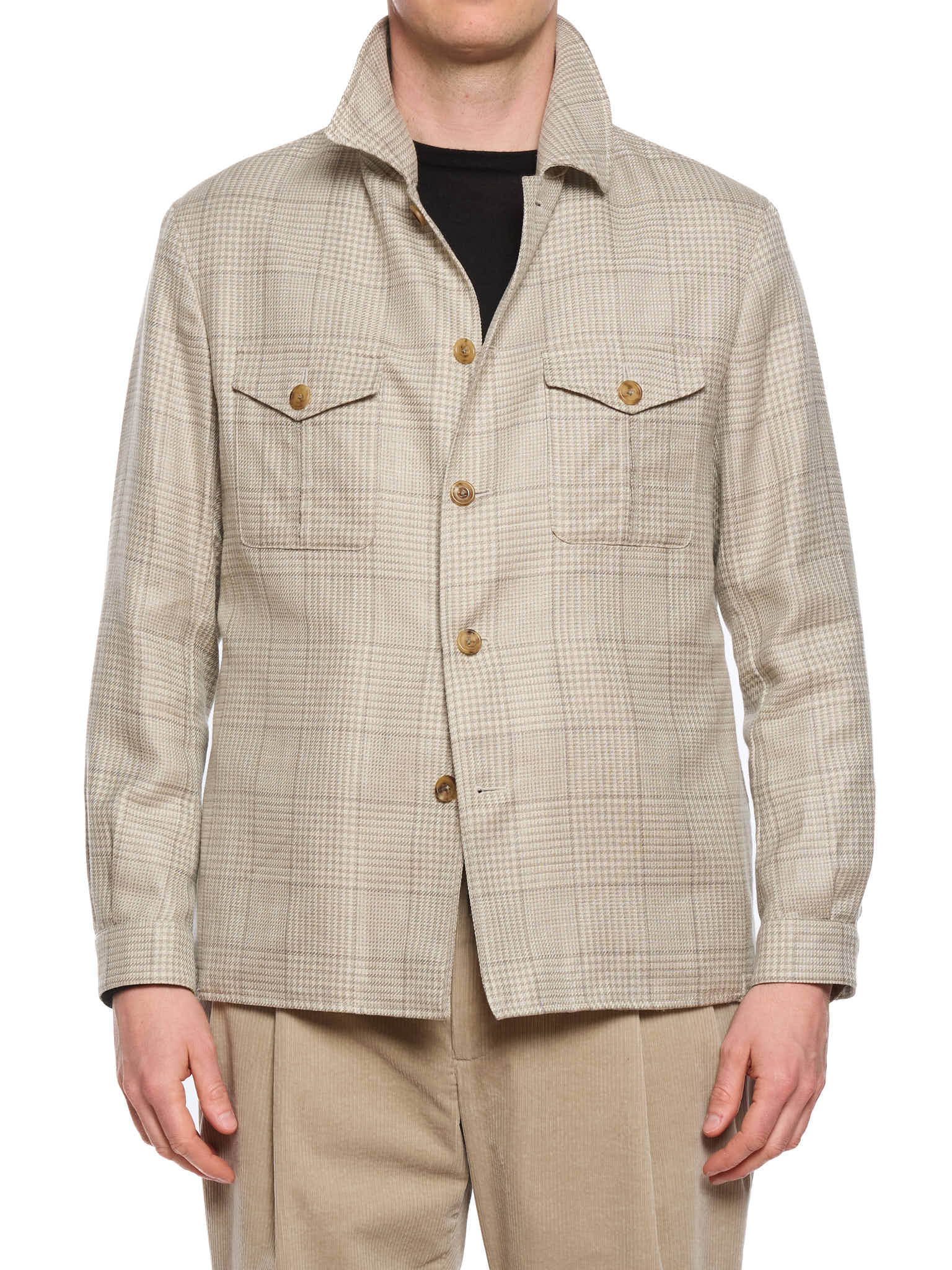 MILAN KELECENI Gray Glen Plaid Loro Piana Fabric Wool-Silk-Linen Overshirt Jacket