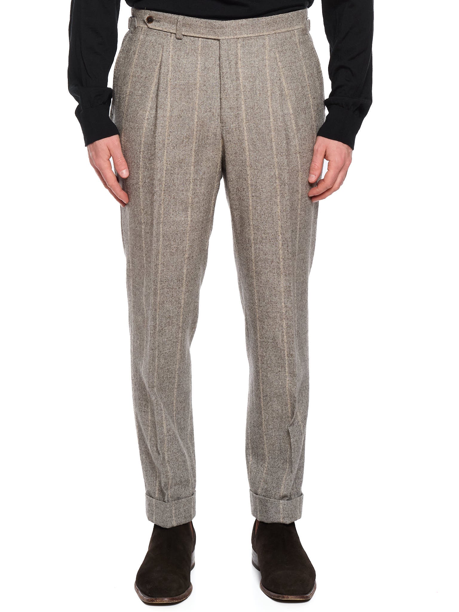 MILAN KELECENI Gray Chalkstriped Alpaca Polyamide Linen Pleated Dress Pants