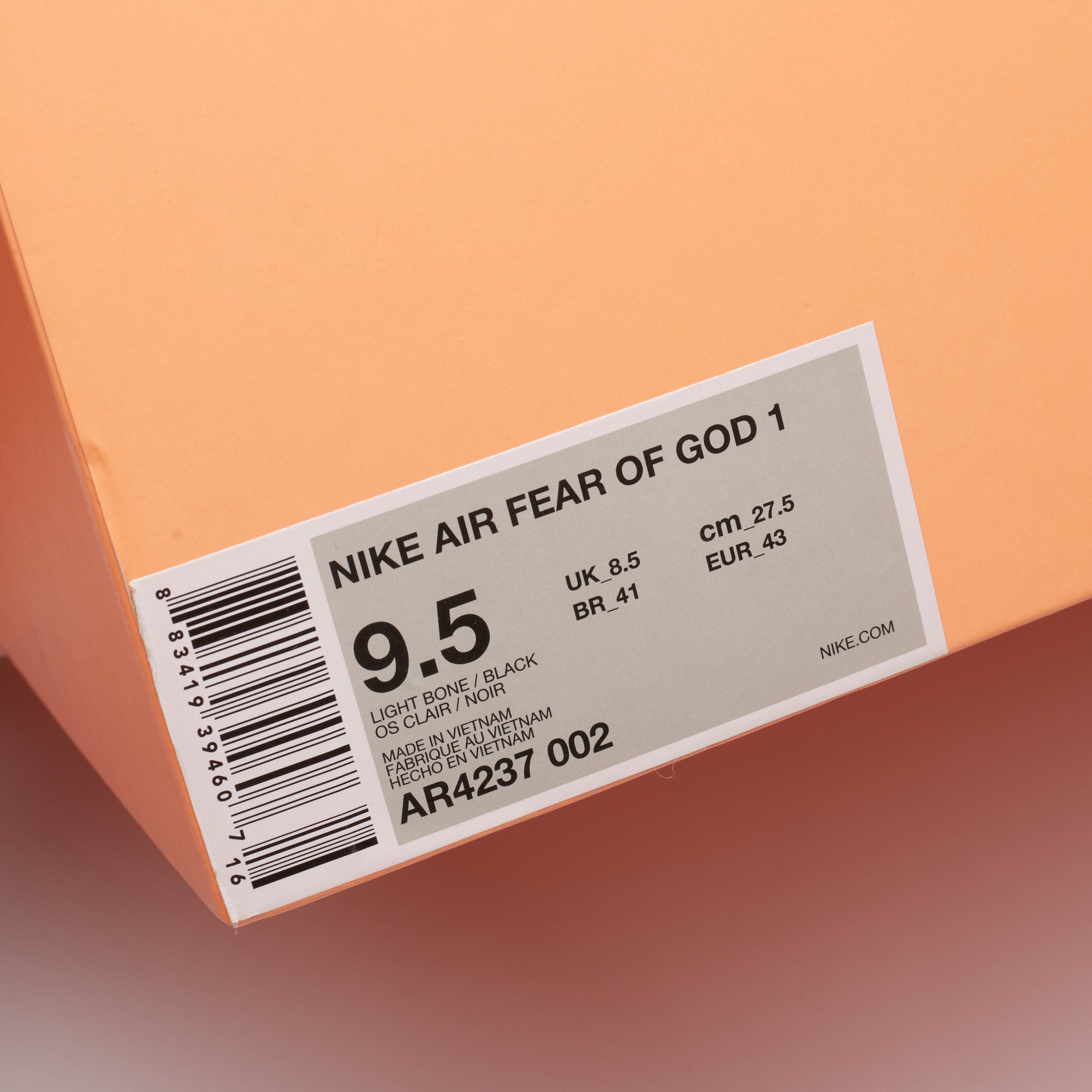 NIKE AIR x FEAR OF GOD 1 Light Bone High Top Sneakers Shoes US 9.5 NEW with Box NIKE