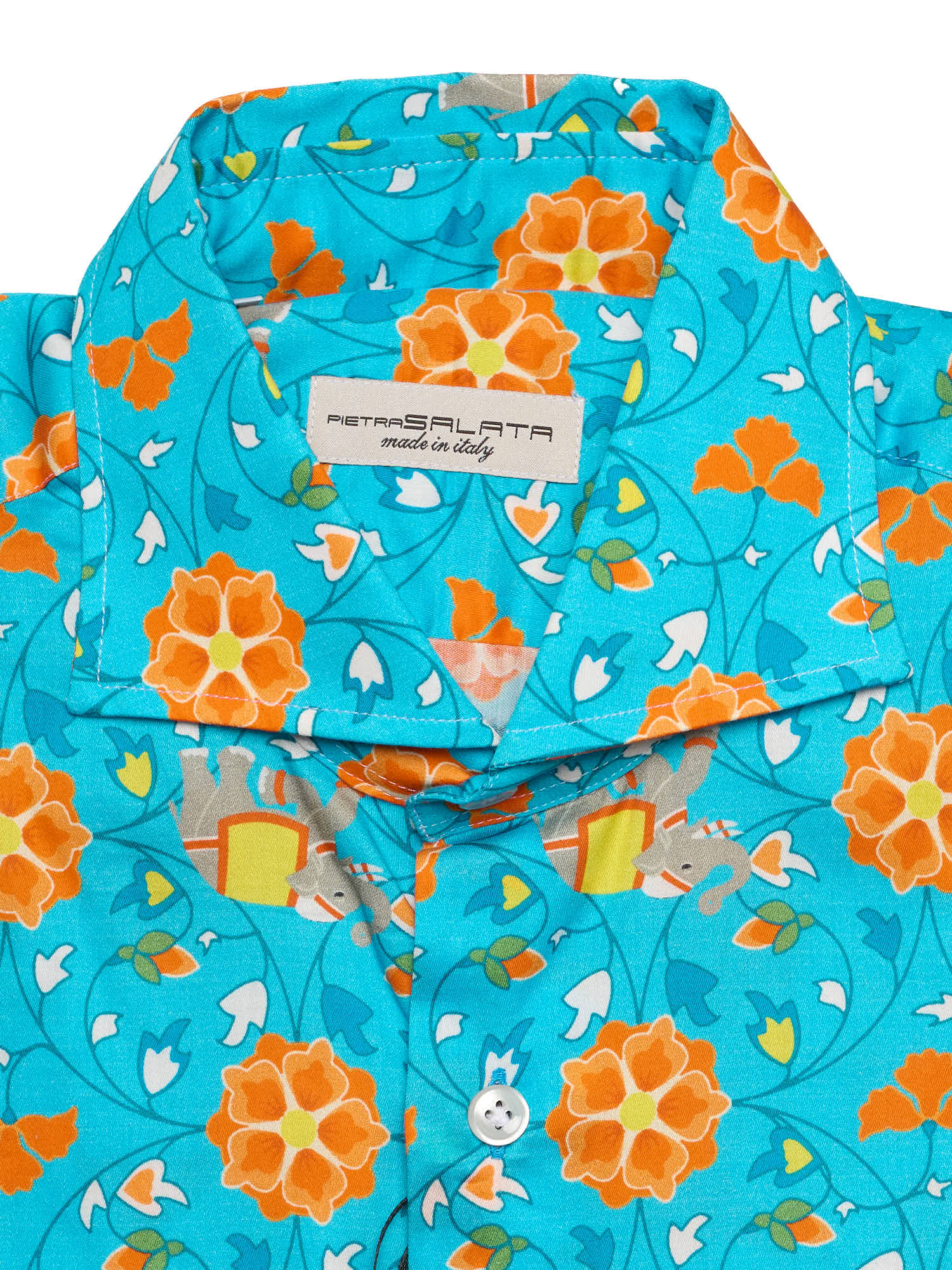 PIETRA SALATA Blue-Orange Floral Pattern Cotton Spread Collar Shirt