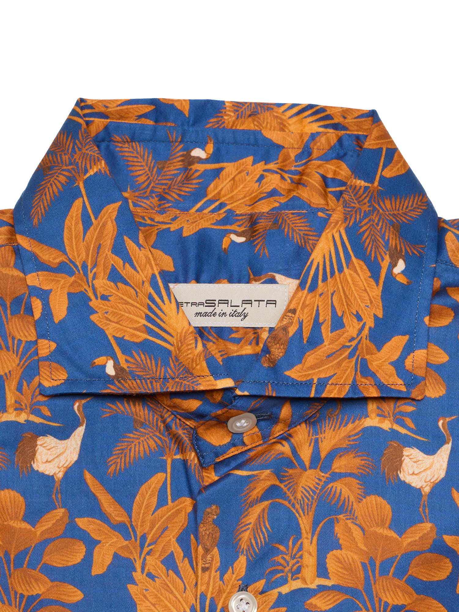 PIETRA SALATA Blue-Orange Floral Pattern Cotton Spread Collar Shirt