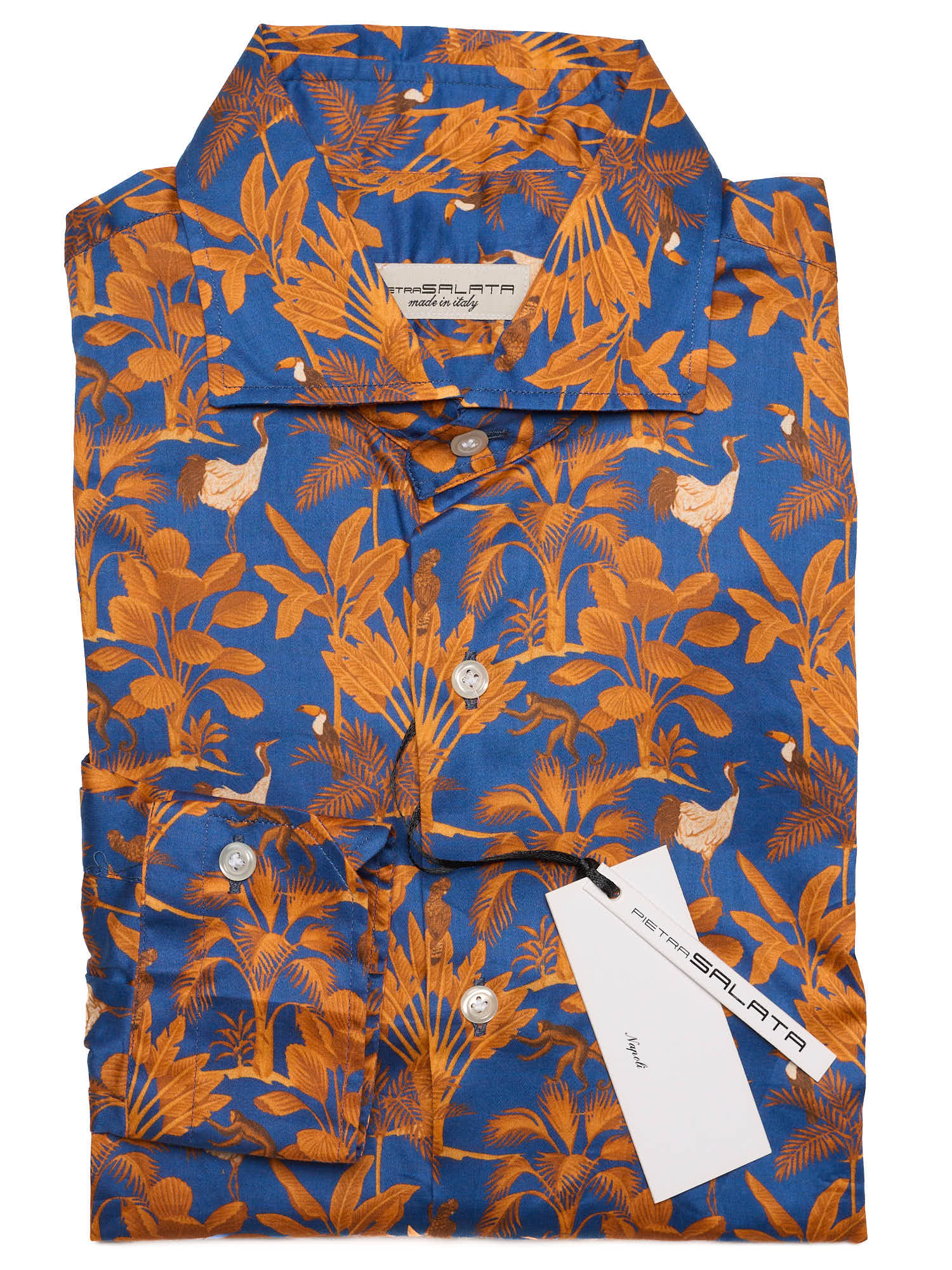 PIETRA SALATA Blue-Orange Floral Pattern Cotton Spread Collar Shirt