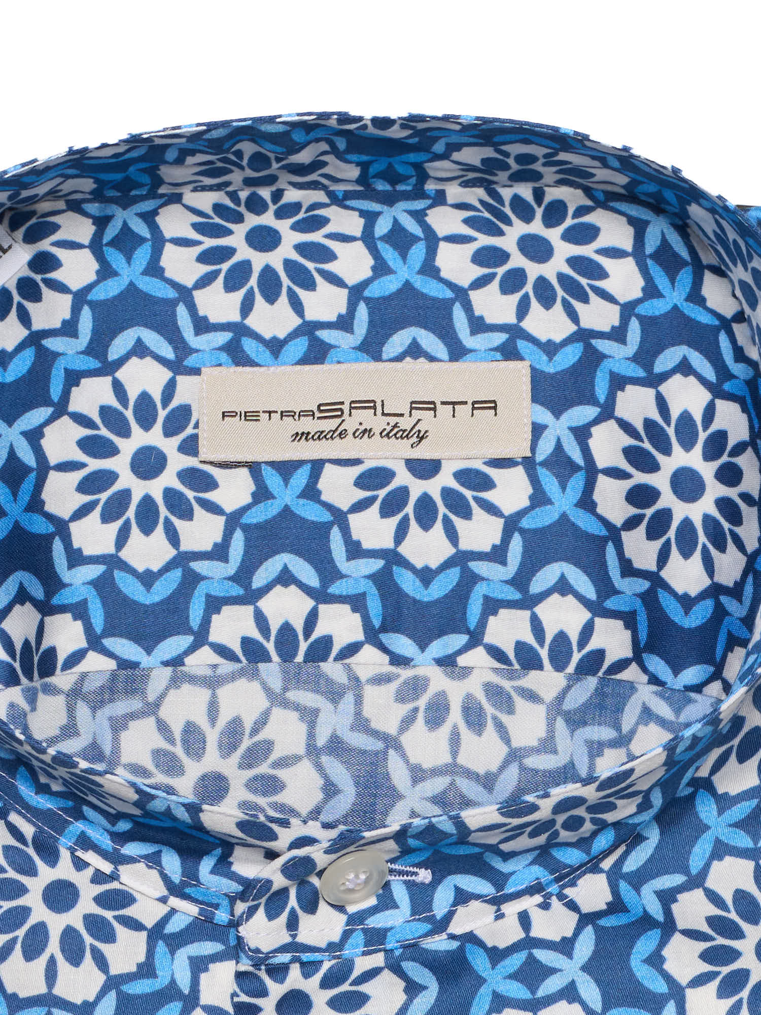 PIETRA SALATA Blue-White Floral Cotton Mandarin Collar Shirt