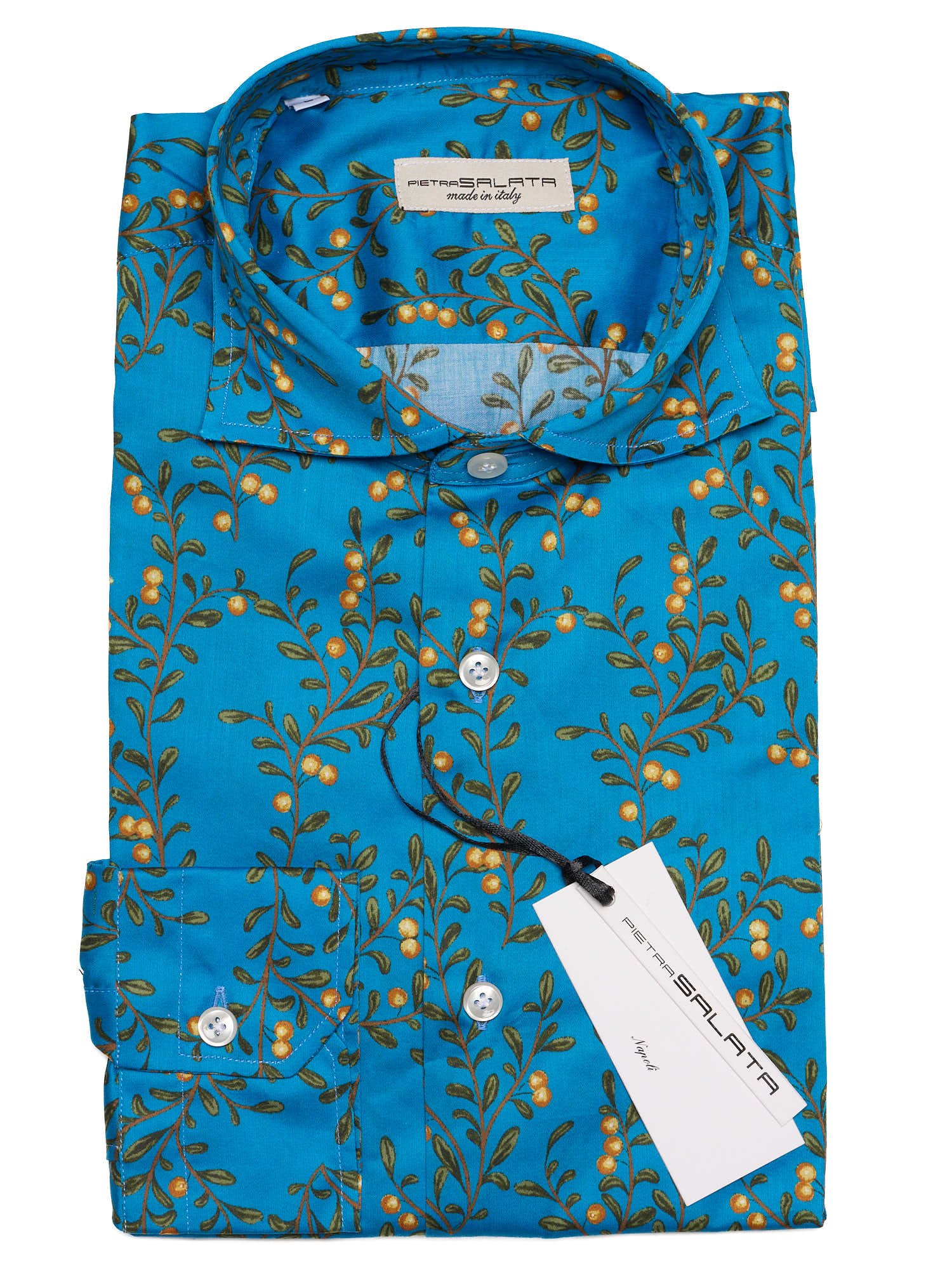 PIETRA SALATA Blue Floral Pattern Orange Flower Cotton Spread Collar Shirt