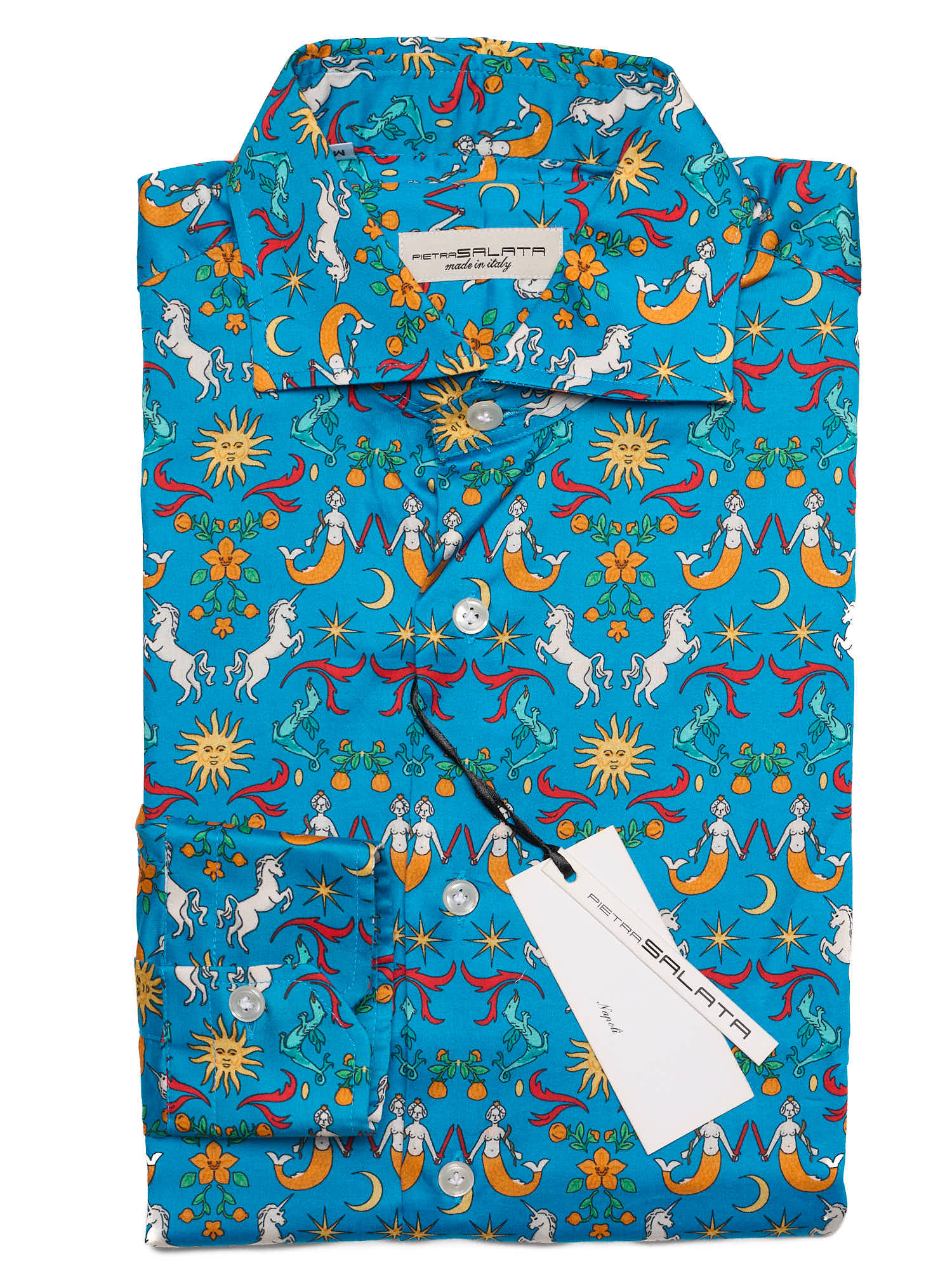 PIETRA SALATA Blue Printed Pattern Cotton Spread Collar Shirt