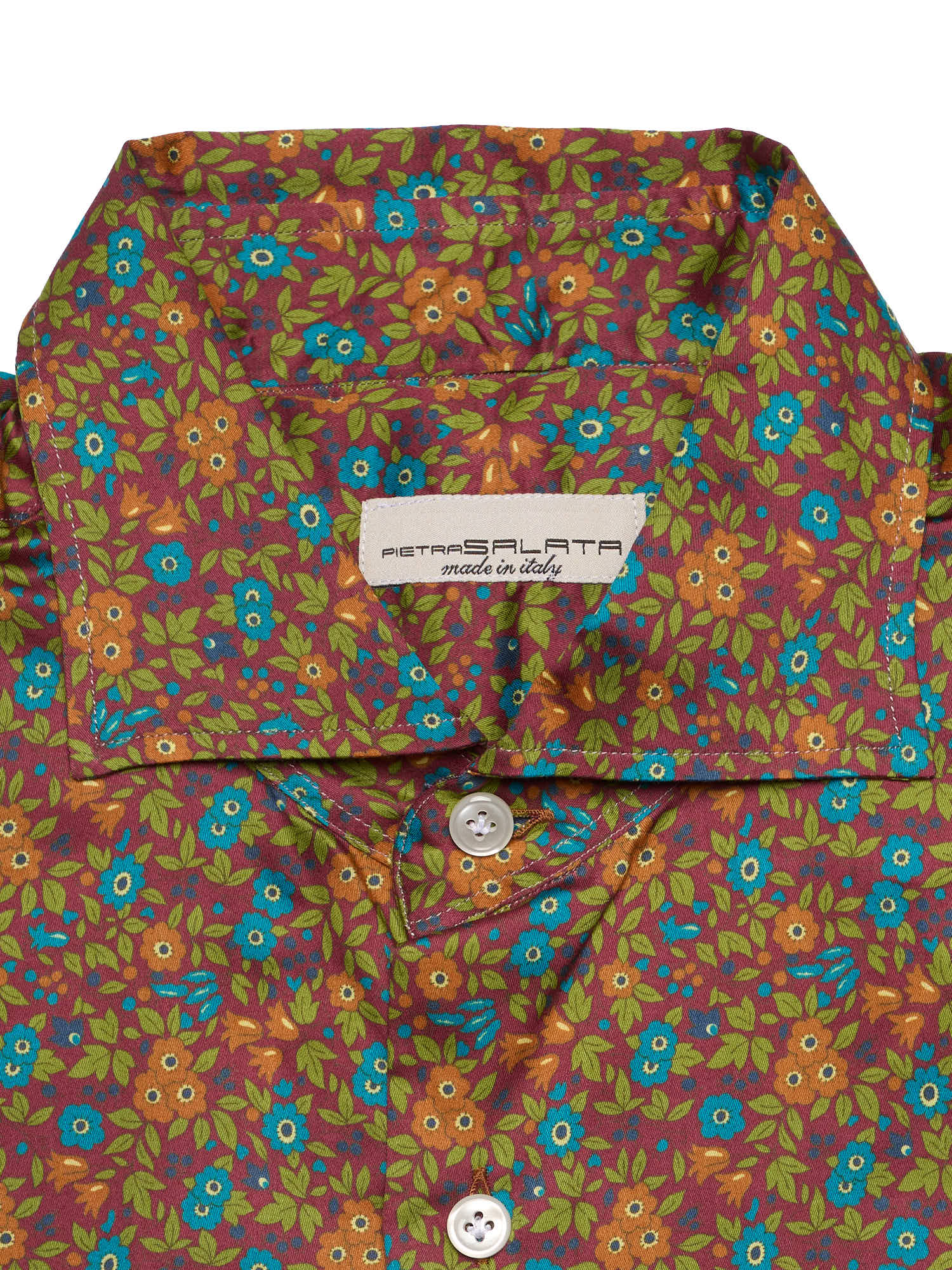 PIETRA SALATA Burgundy Floral Pattern Cotton Spread Collar Shirt