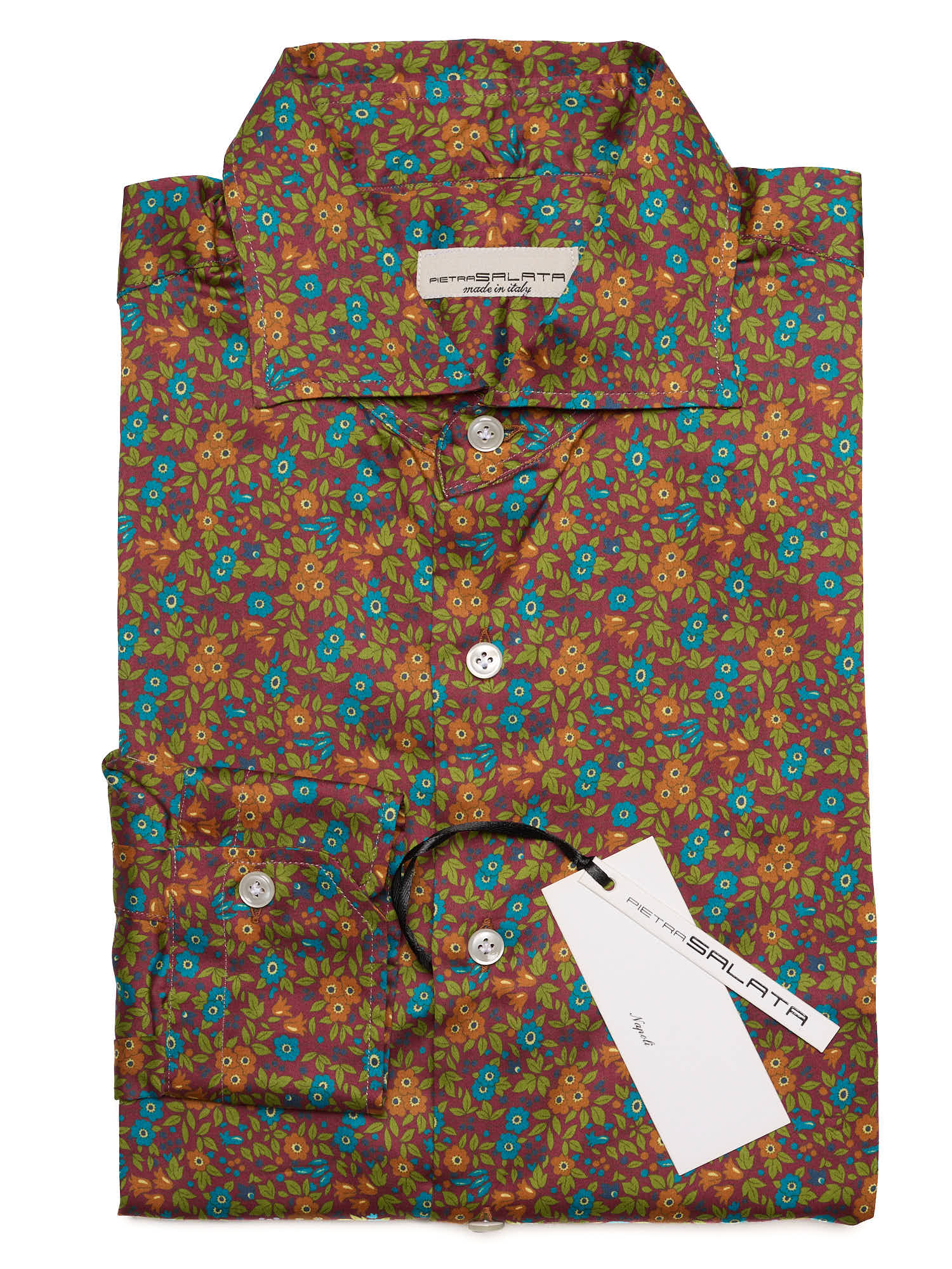 PIETRA SALATA Burgundy Floral Pattern Cotton Spread Collar Shirt