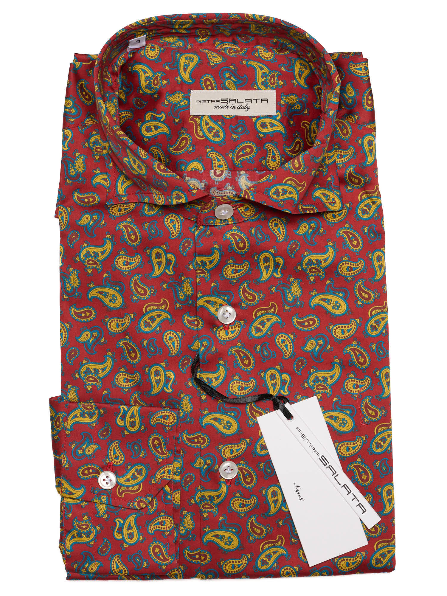 PIETRA SALATA Burgundy Paisley Cotton Spread Collar Shirt