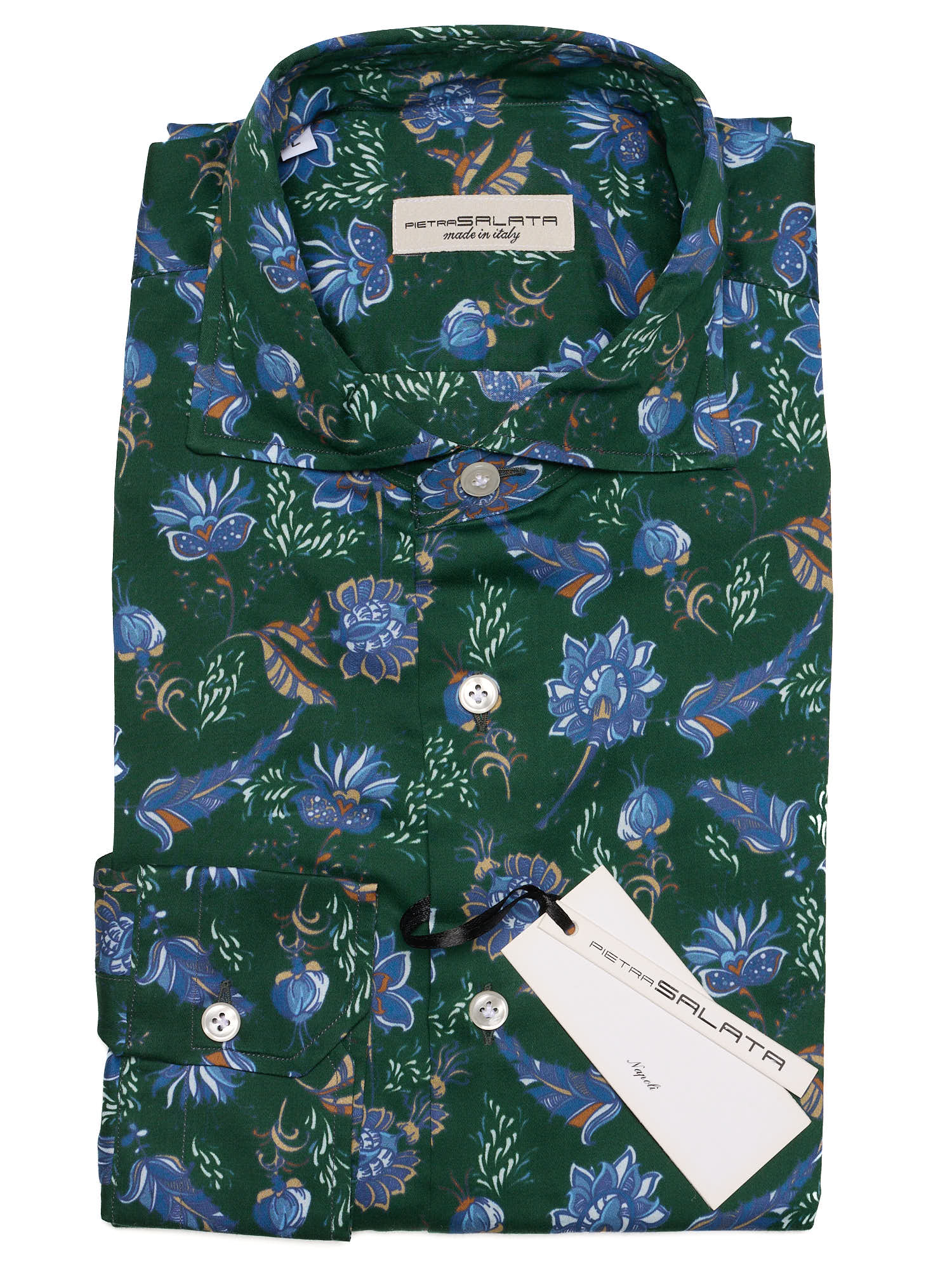 PIETRA SALATA Dark Green Floral Pattern Cotton Spread Collar Shirt