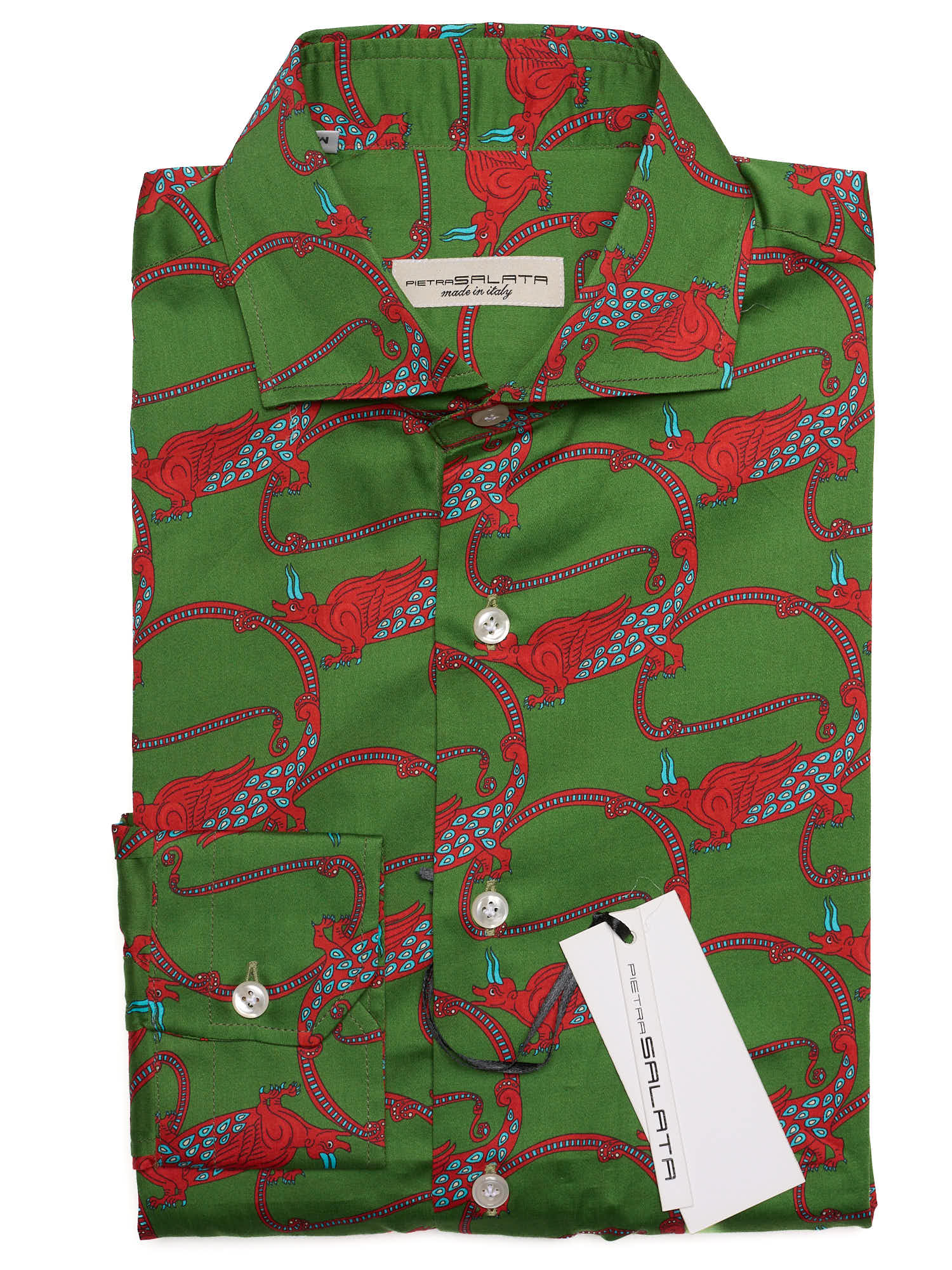 PIETRA SALATA Green-Red Pattern Dragons Cotton Shirt