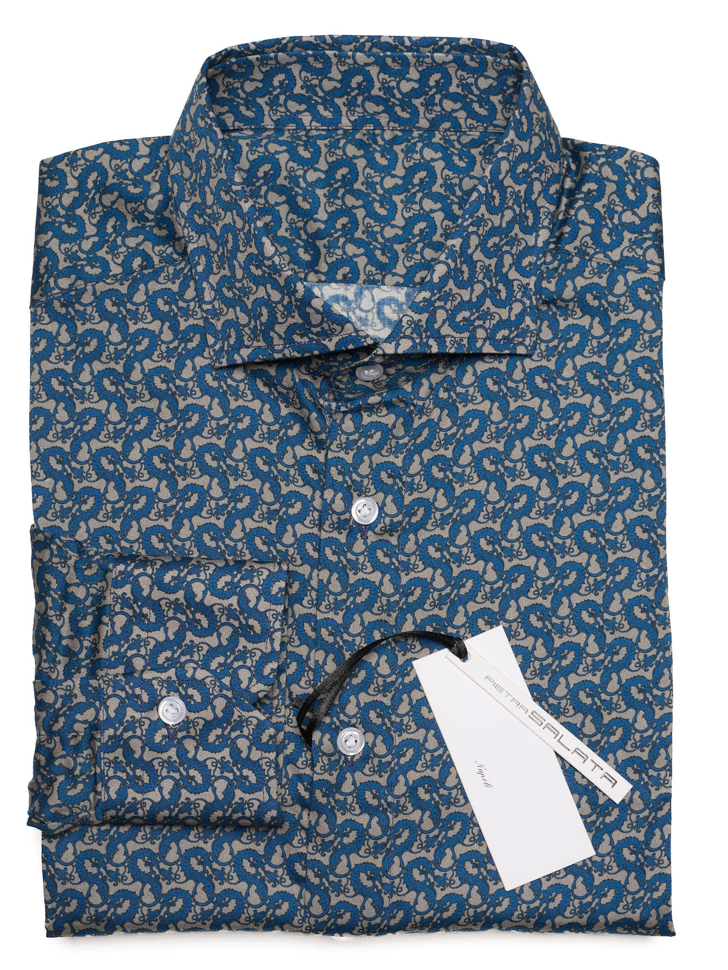 PIETRA SALATA Grey-Blue Dragons Cotton Spread Collar Shirt