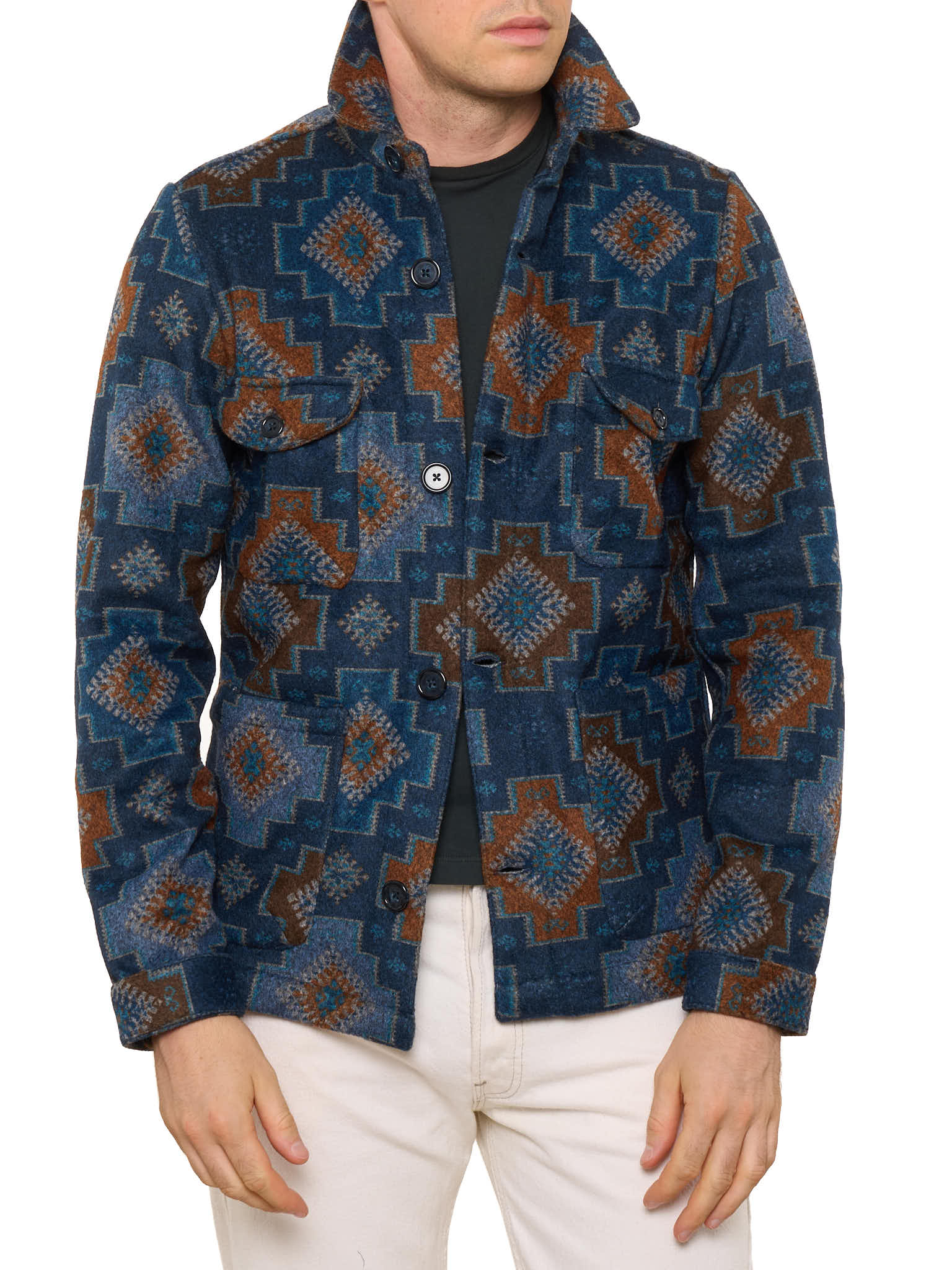 PIETRA SALATA Blue-Brown Southwestern Navajo Geometric Jacket Overshirt NEW