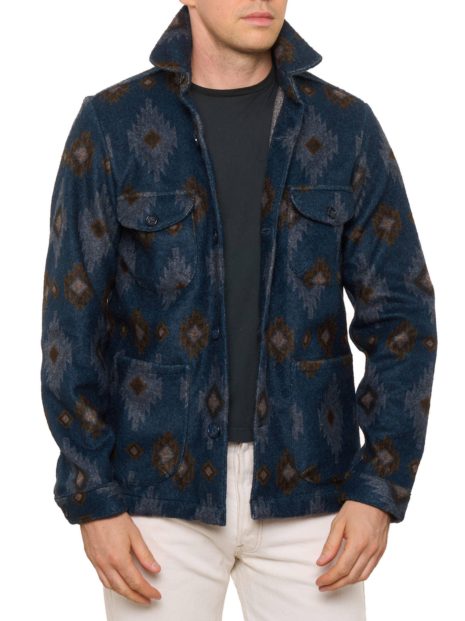 PIETRA SALATA Napoli Blue Navajo Pattern Safari Jacket Overshirt NEW