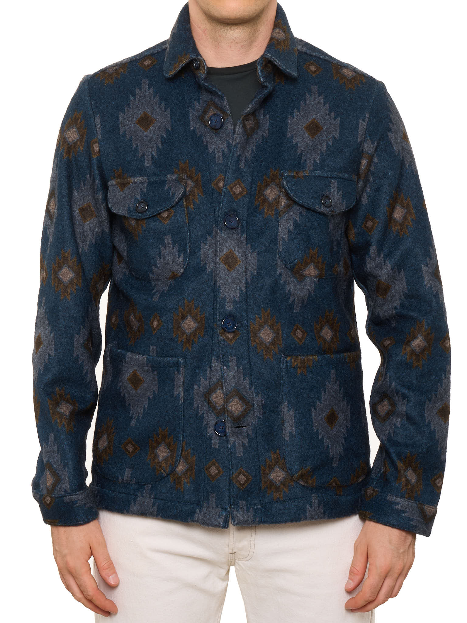 PIETRA SALATA Napoli Blue Navajo Pattern Safari Jacket Overshirt NEW