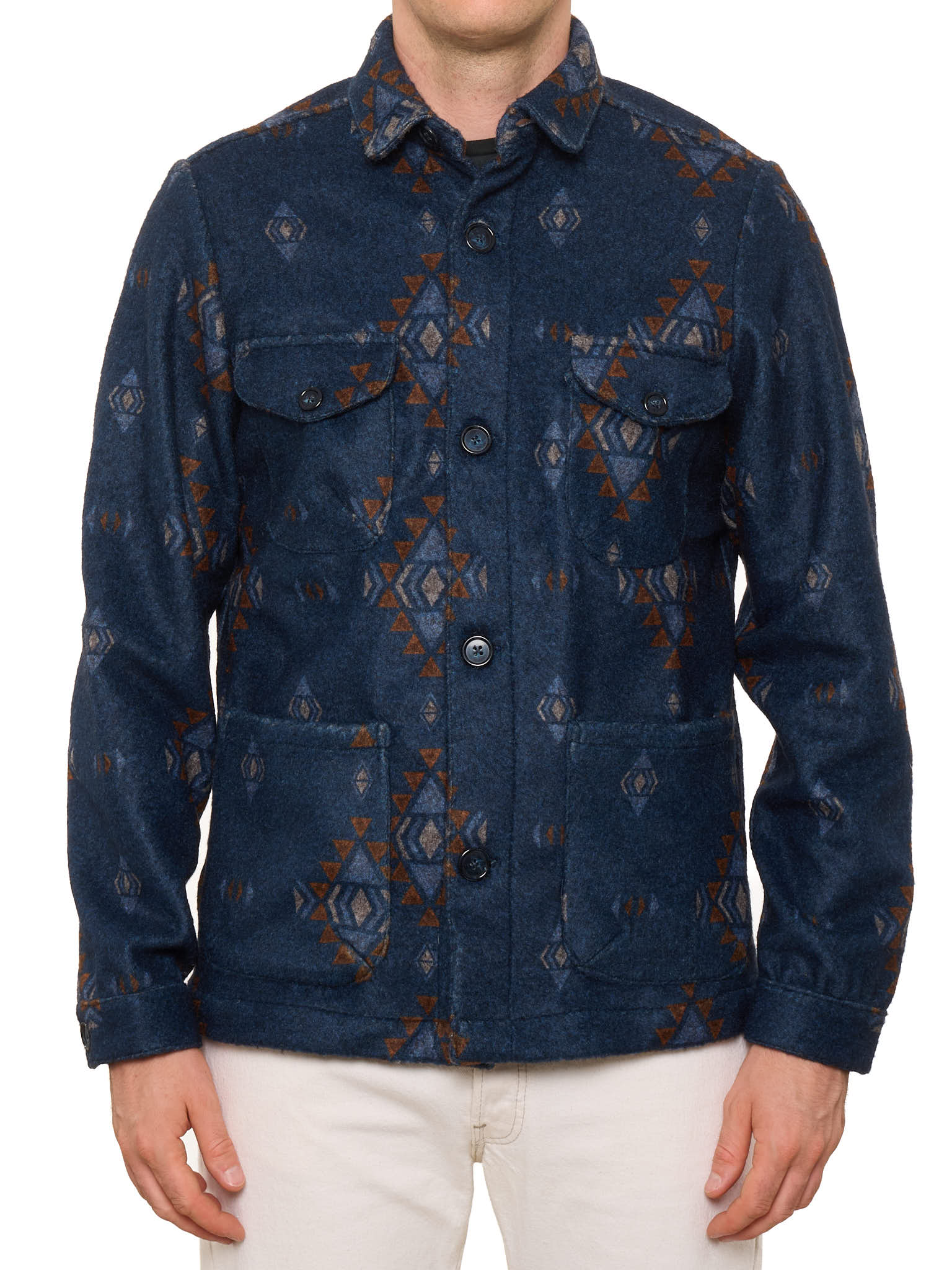 PIETRA SALATA Napoli Blue Navajo Geometric Pattern Safari Jacket Overshirt NEW