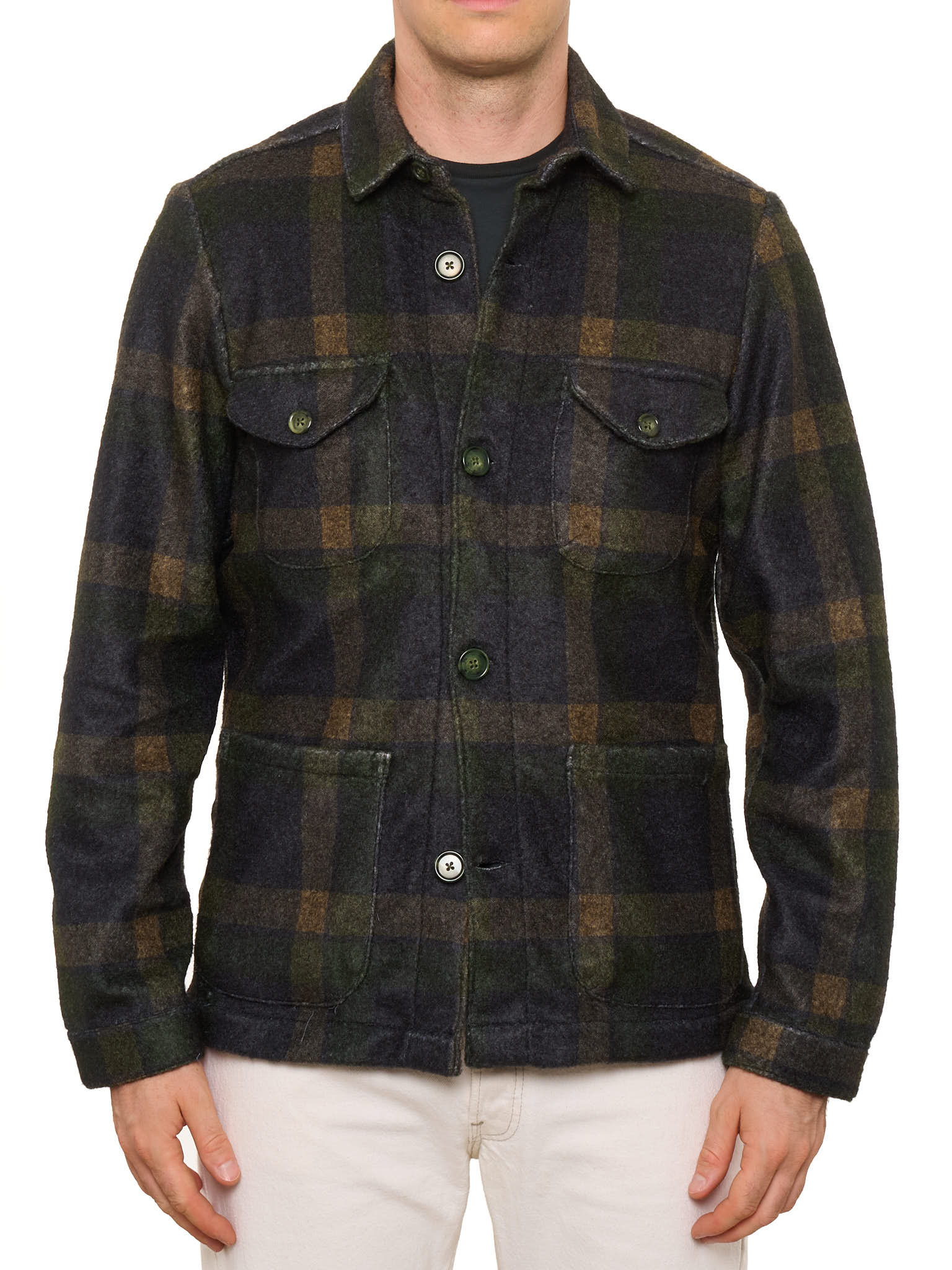 PIETRA SALATA Napoli Green-Blue-Beige Plaid Safari Jacket Overshirt NEW