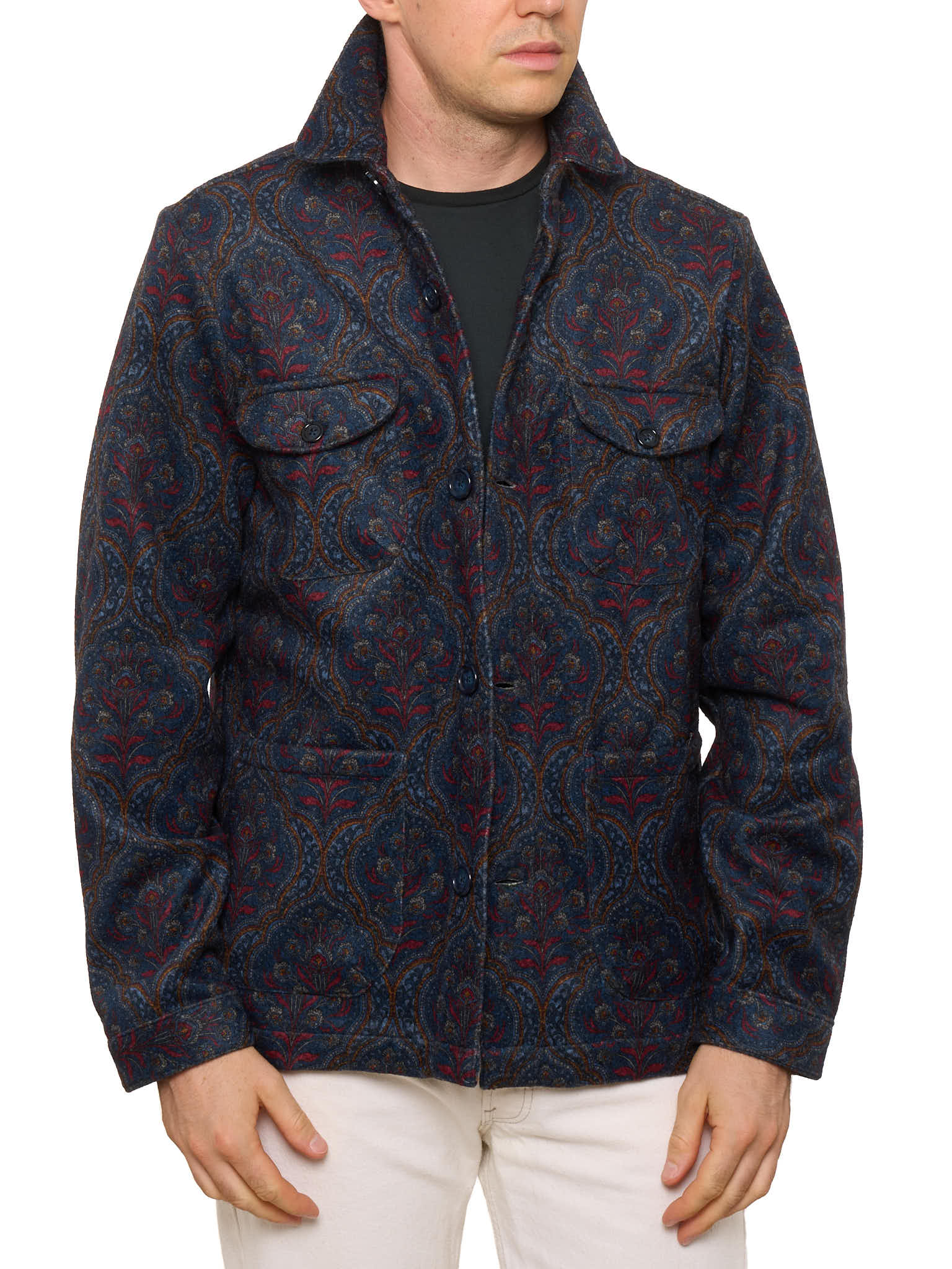 PIETRA SALATA Napoli Navy Blue Floral Pattern Safari Jacket Overshirt NEW